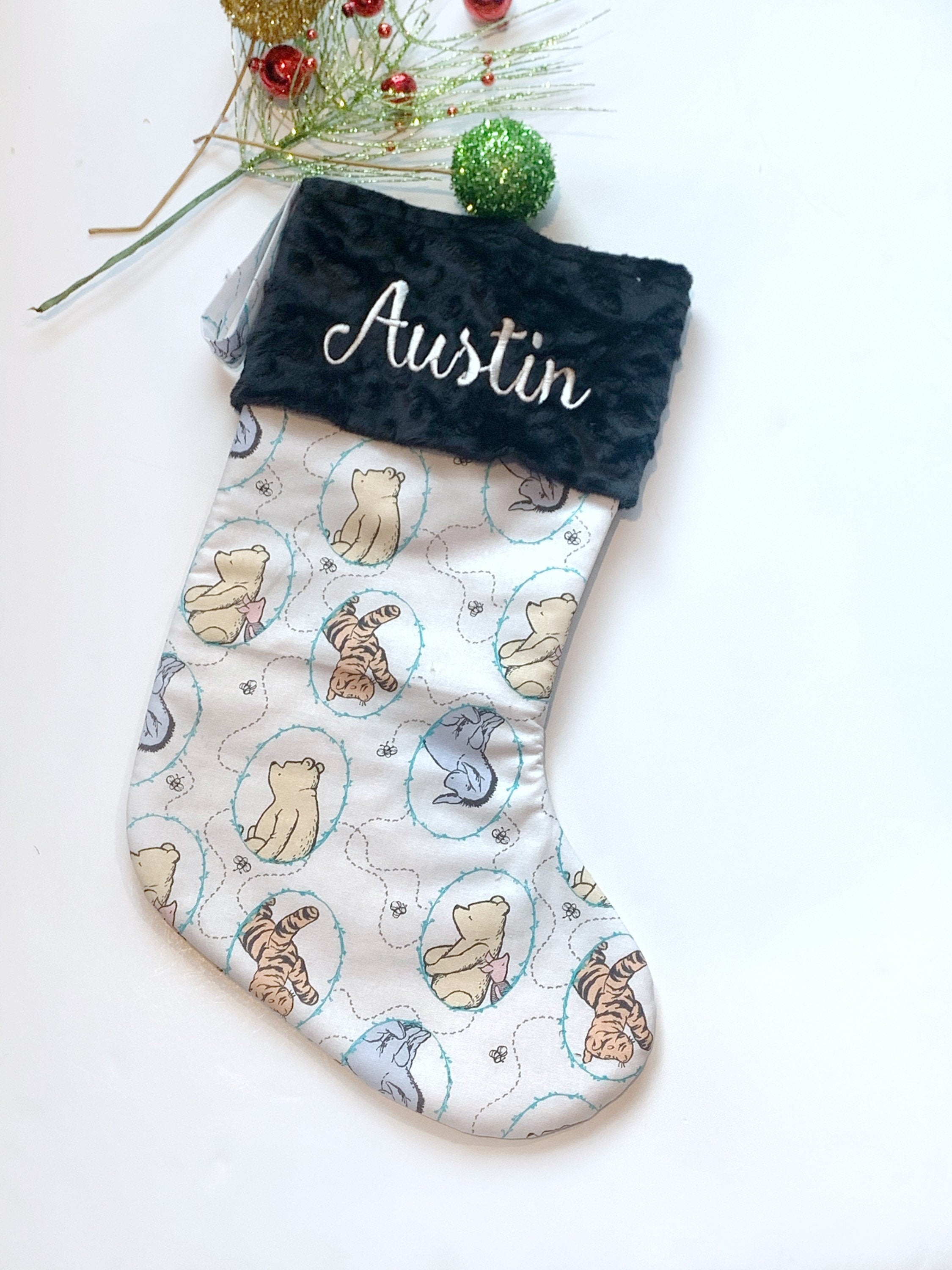 Christmas stocking made from classic Winnie the Pooh fabric, personalize, fully lined for boy girl or adult, First Christmas, choose cuff