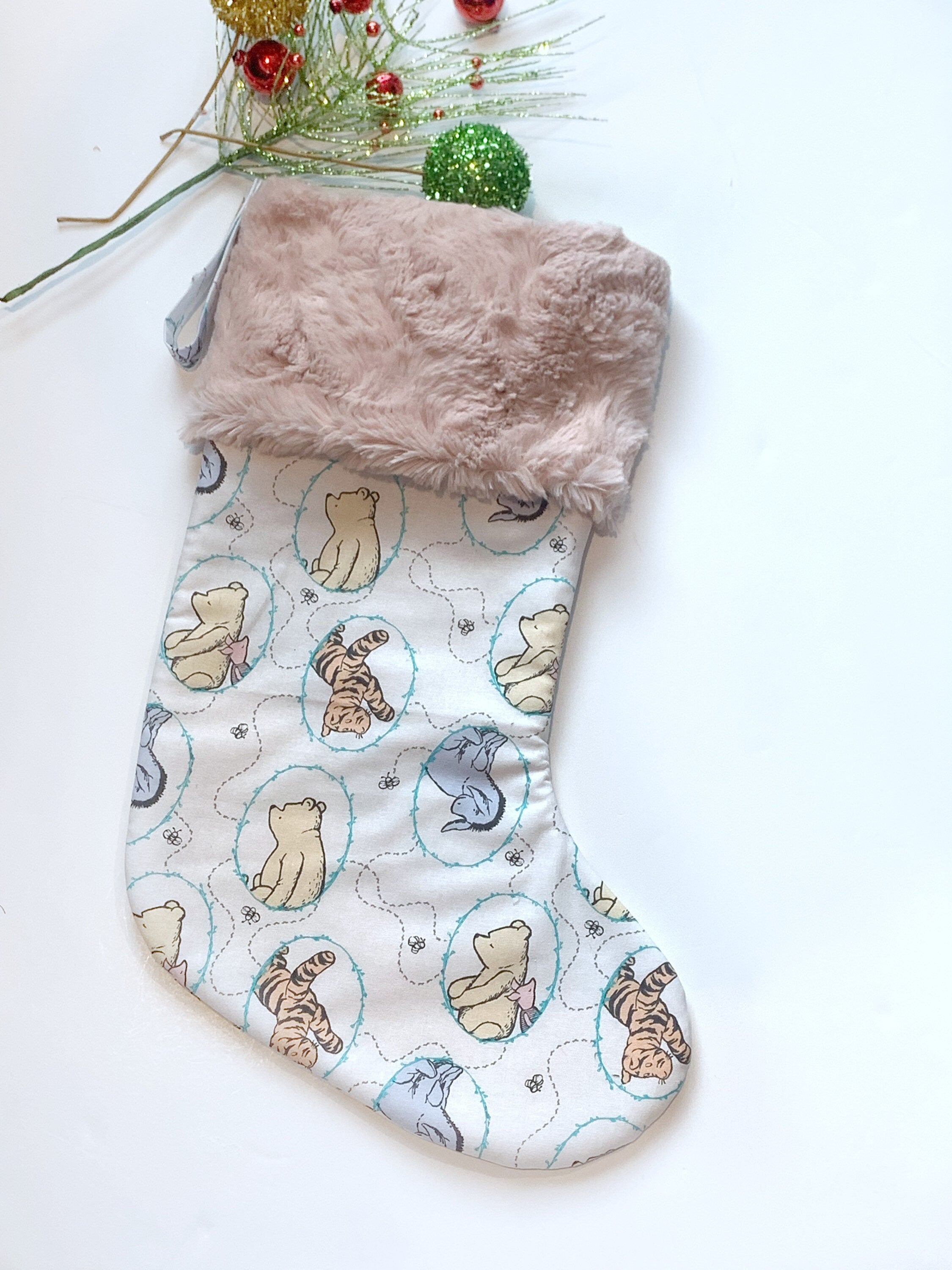 Christmas stocking made from classic Winnie the Pooh fabric, personalize, fully lined for boy girl or adult, First Christmas, choose cuff
