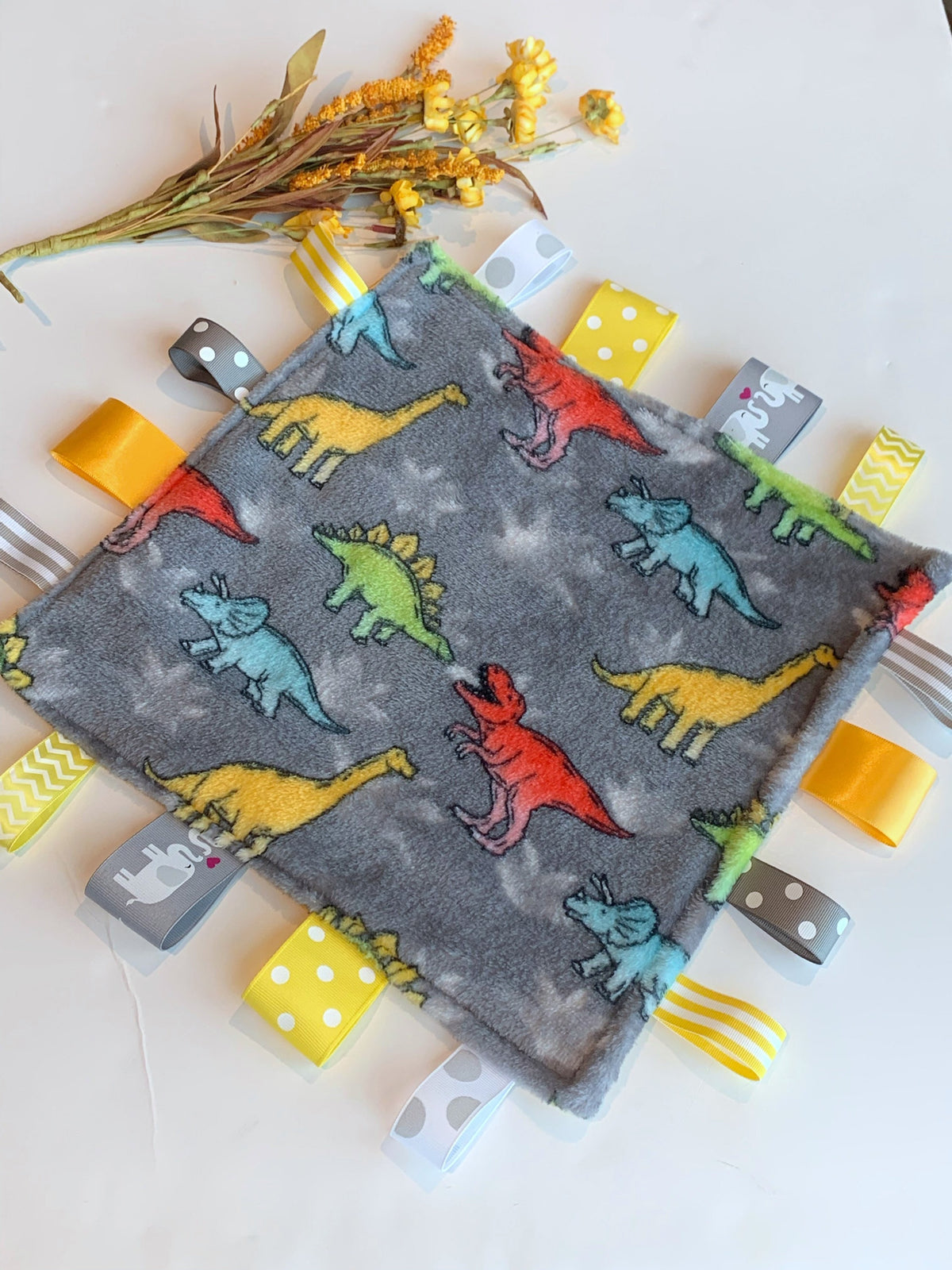 Dinosaur minky and satin sensory lovey with ribbon tags, personalize toy, baby shower gift for boy or girl, 12" choose satin color