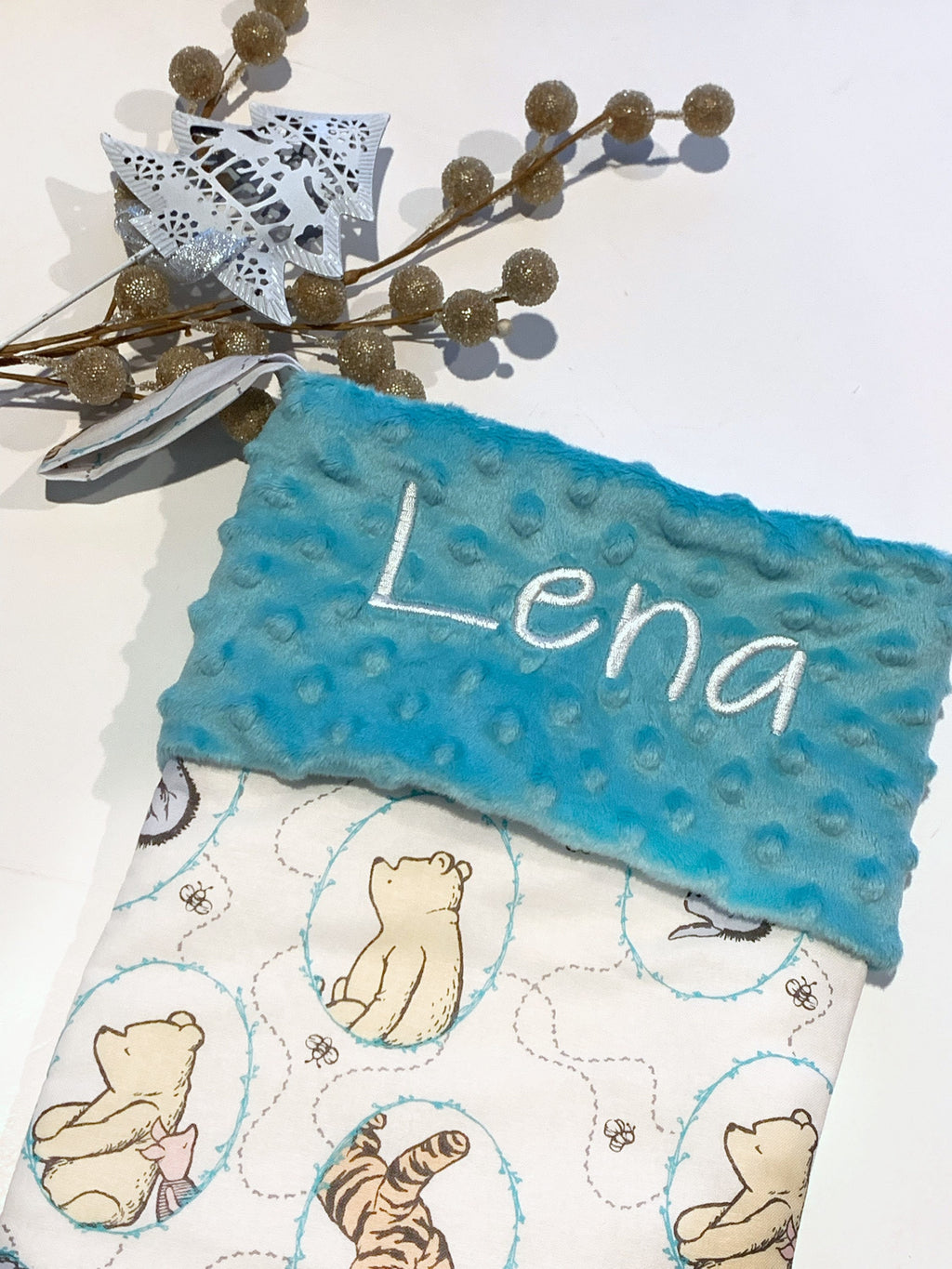 Christmas stocking made from classic Winnie the Pooh fabric, personalize, fully lined for boy girl or adult, First Christmas, choose cuff