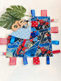 Personalize tag sensory 12” lovey toy blanket made from Spider man cotton with minky back, add crinkle, baby shower gift