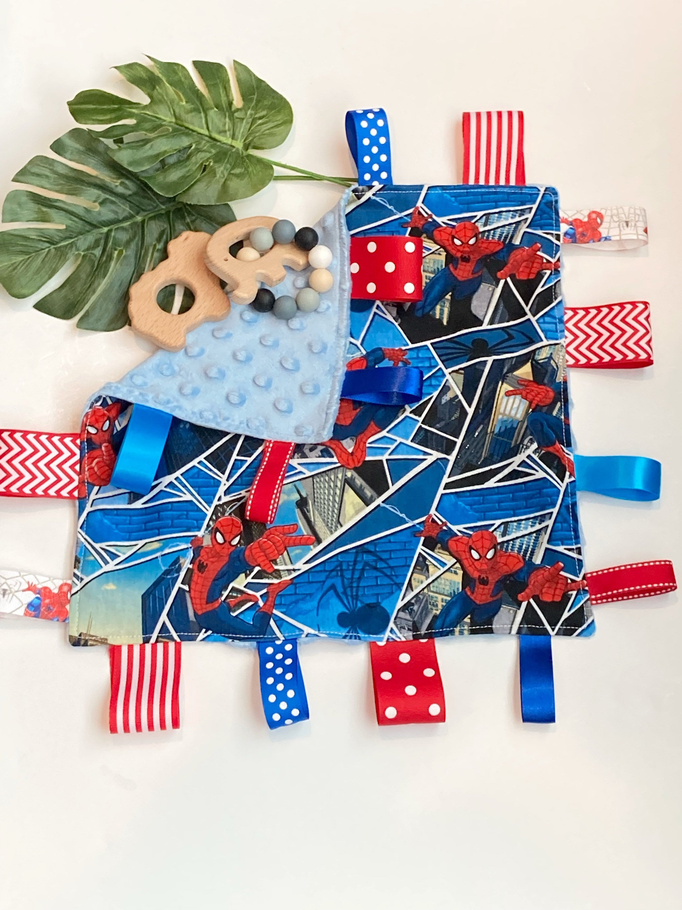 Personalize tag sensory 12” lovey toy blanket made from Spider man cotton with minky back, add crinkle, baby shower gift