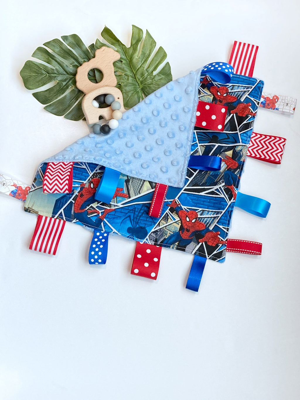 Personalize tag sensory 12” lovey toy blanket made from Spider man cotton with minky back, add crinkle, baby shower gift