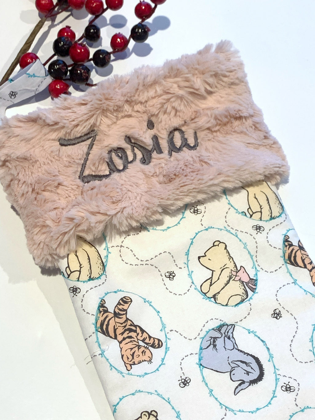 Christmas stocking made from classic Winnie the Pooh fabric, personalize, fully lined for boy girl or adult, First Christmas, choose cuff