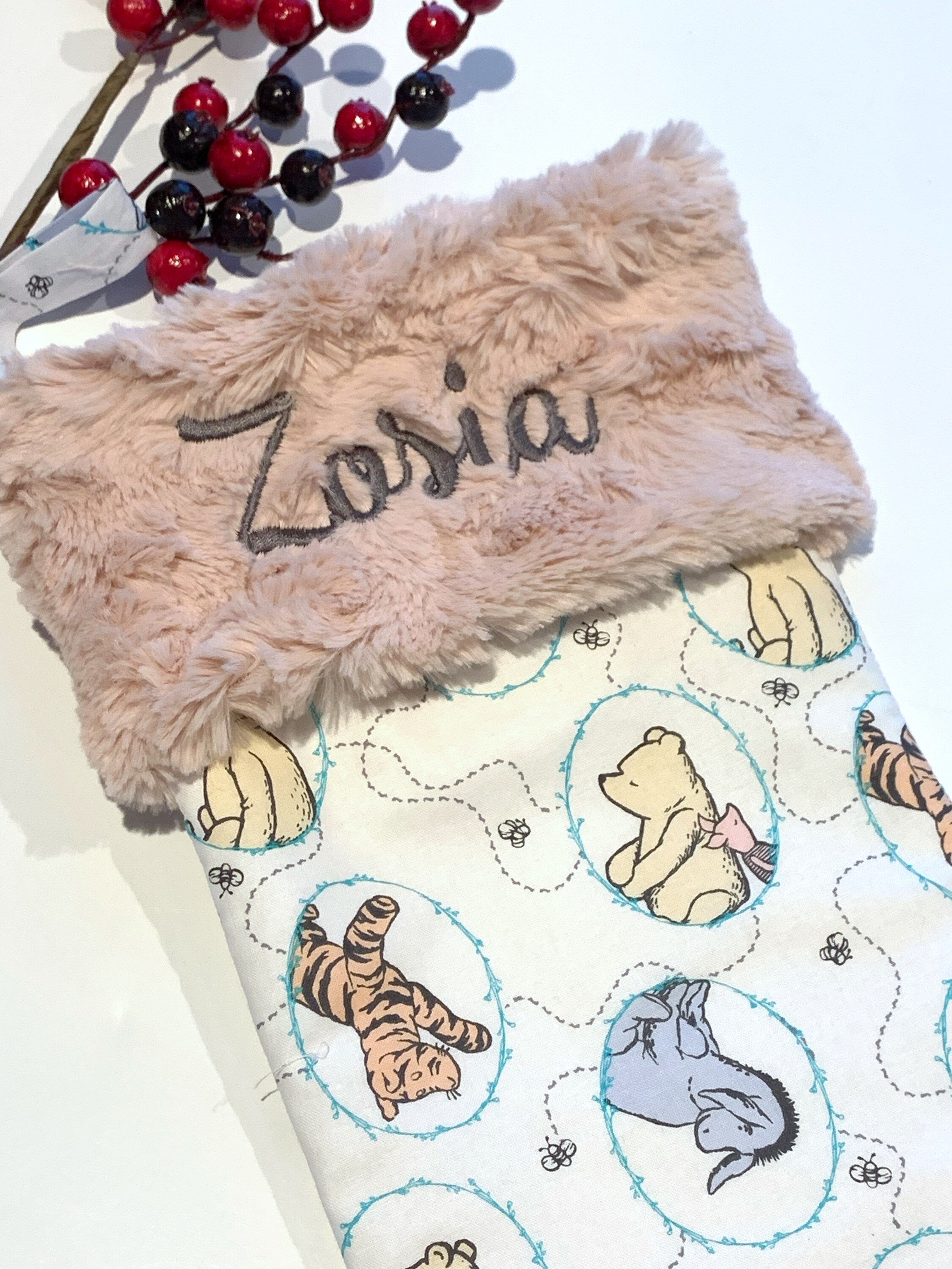Christmas stocking made from classic Winnie the Pooh fabric, personalize, fully lined for boy girl or adult, First Christmas, choose cuff