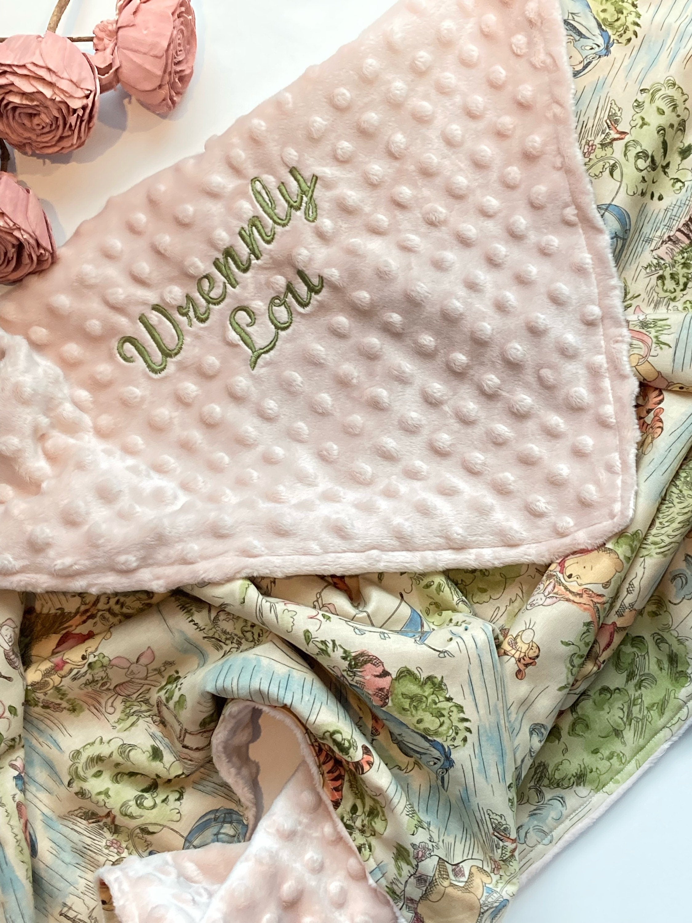 Baby blanket nursery bedding made from Winnie the Pooh fabric for boy or girl in Cotton and soft blush pink minky, personalized gift