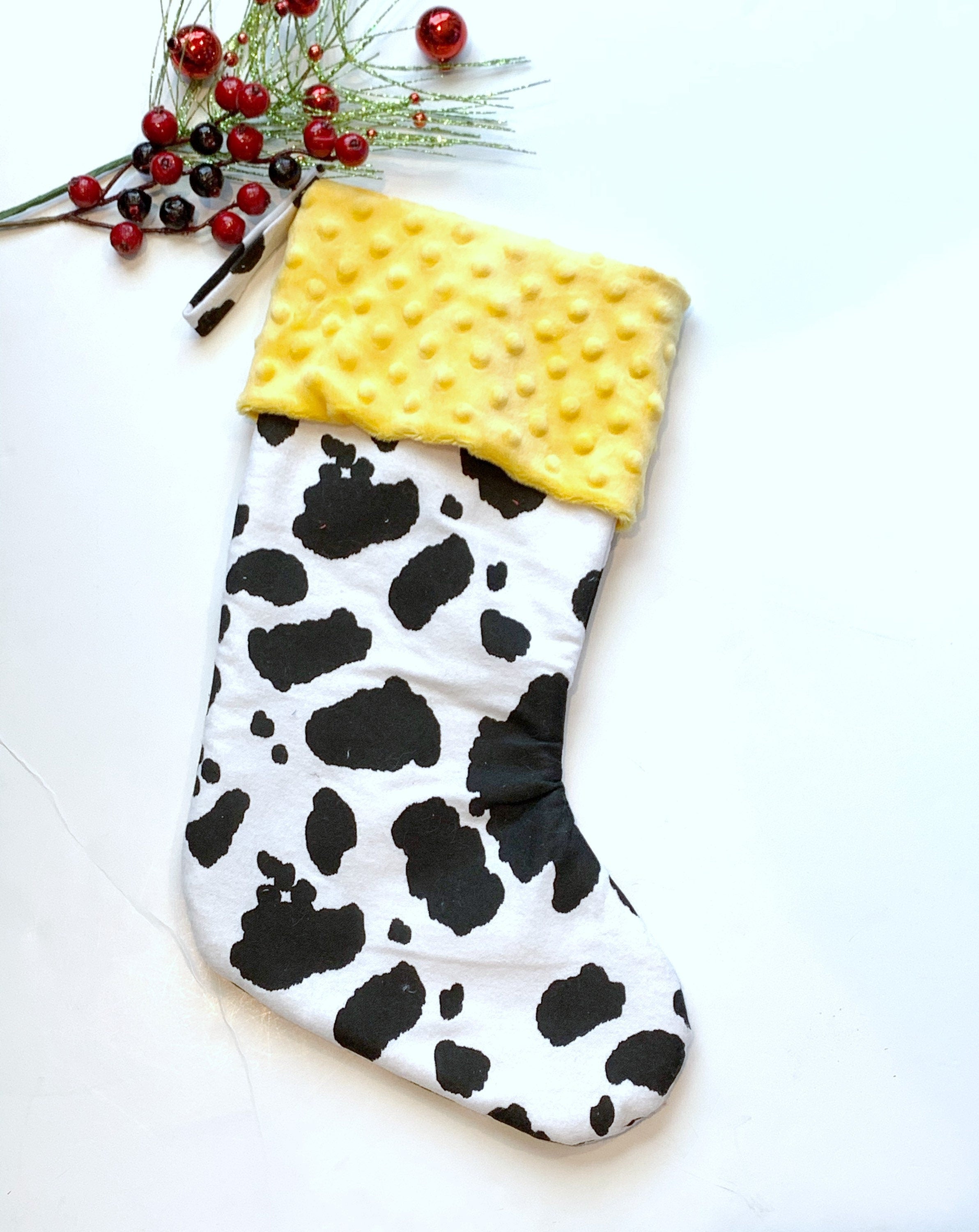 Personalized Christmas stocking in flannel cow spot print fabric, fully lined with minky dot cuff, 18” length, unique stocking, choose cuff