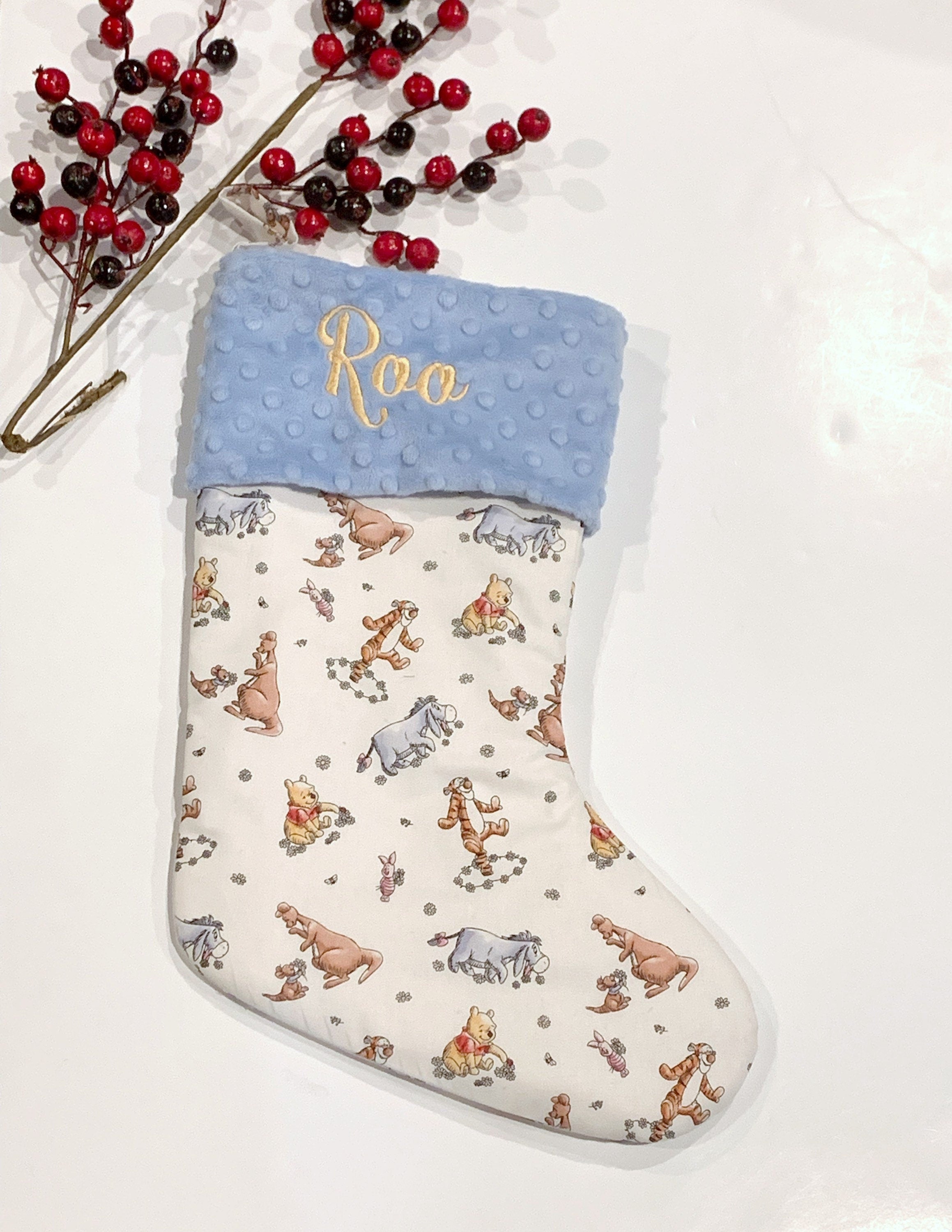 Personalize option Christmas stocking for baby to adult made from Winnie the Pooh fabric, fully lined