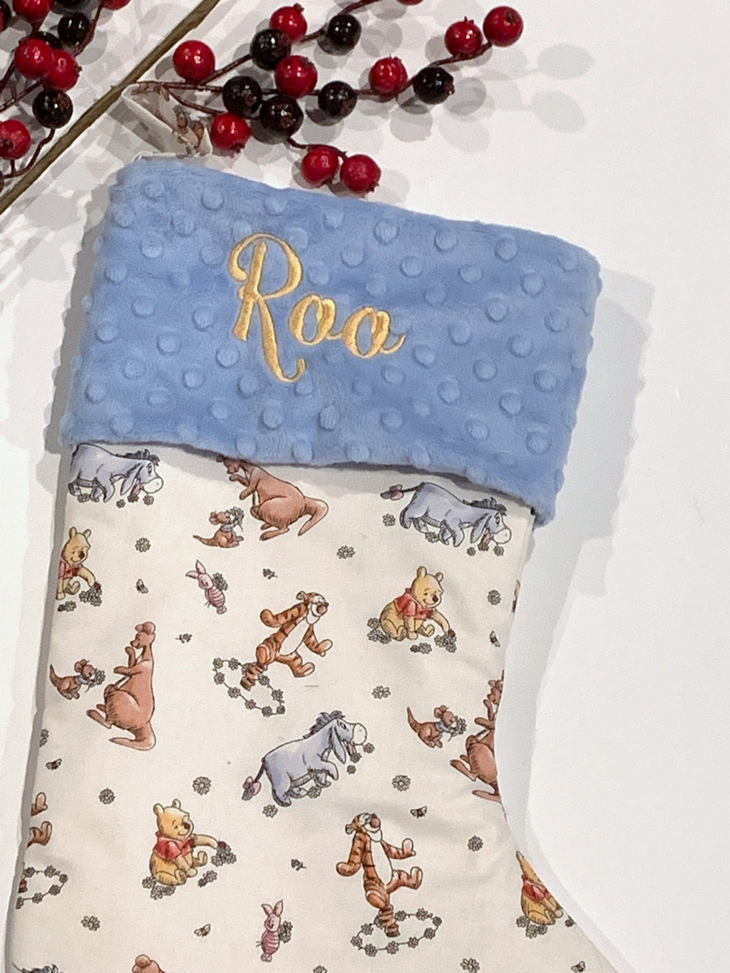 Personalize option Christmas stocking for baby to adult made from Winnie the Pooh fabric, fully lined