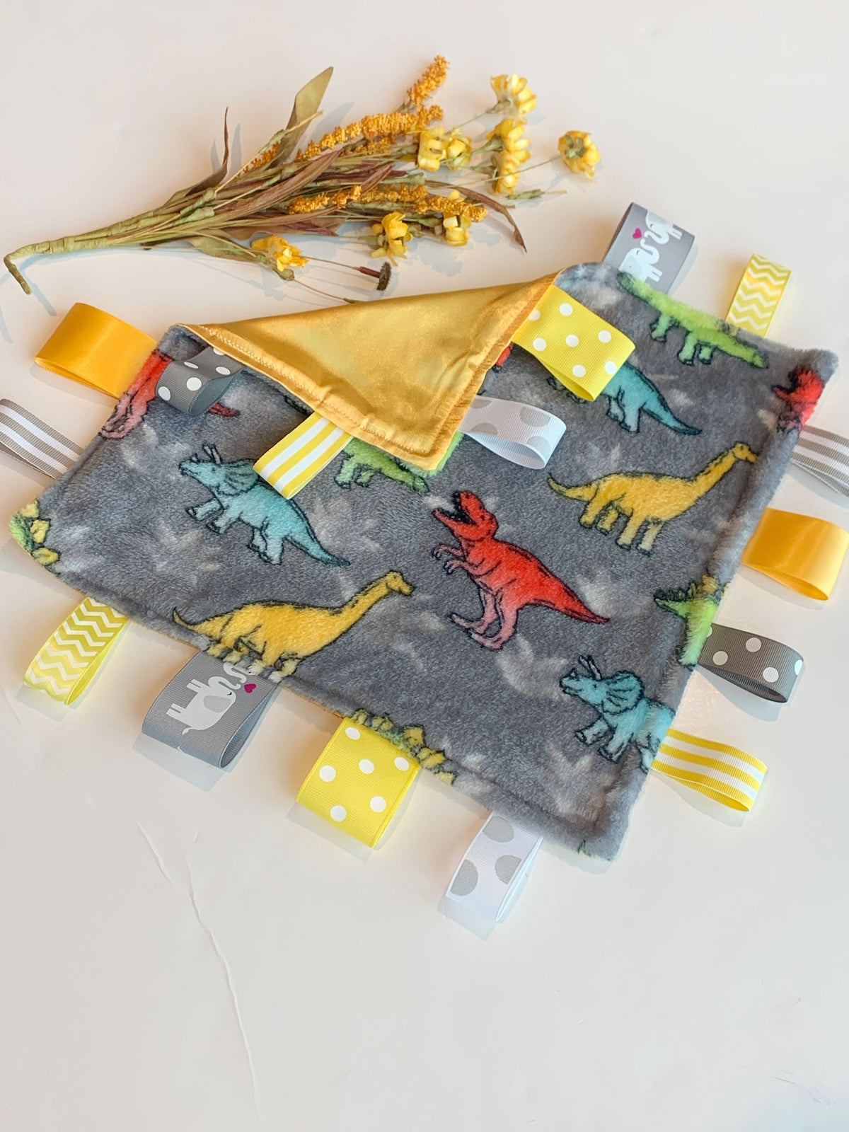 Dinosaur minky and satin sensory lovey with ribbon tags, personalize toy, baby shower gift for boy or girl, 12" choose satin color