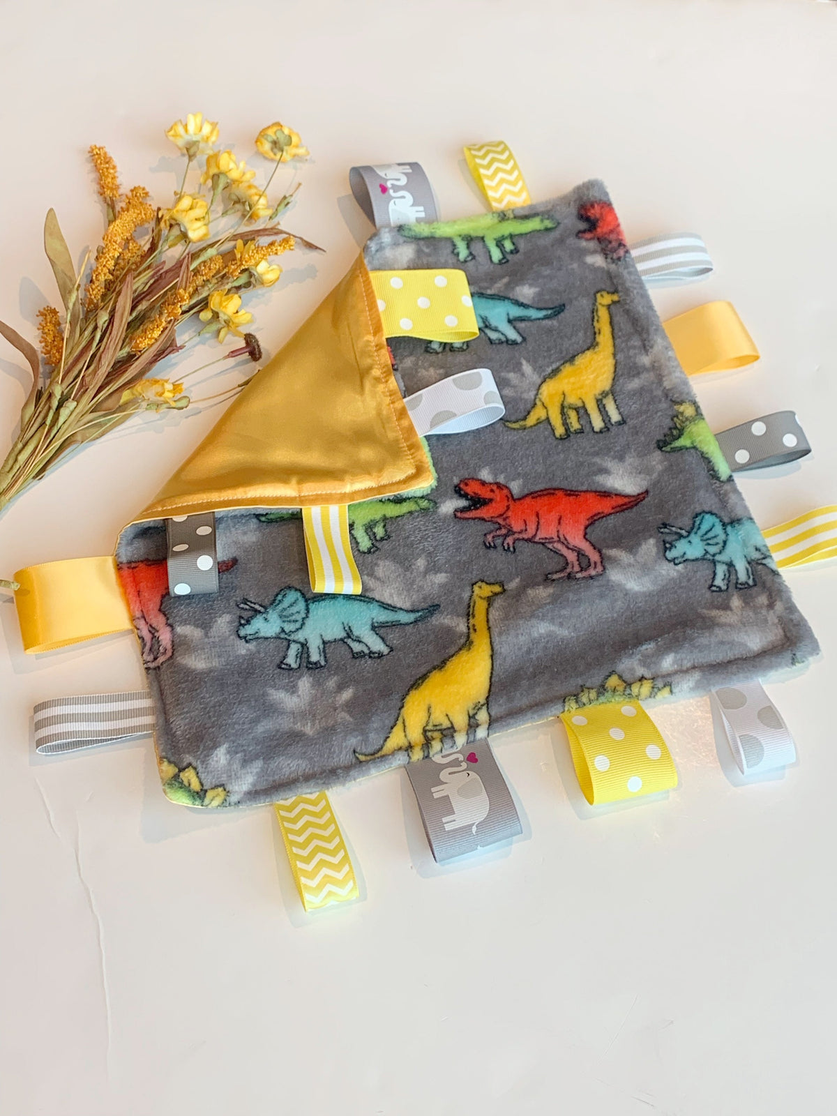 Dinosaur minky and satin sensory lovey with ribbon tags, personalize toy, baby shower gift for boy or girl, 12" choose satin color
