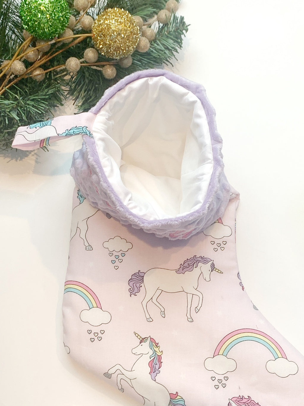 Personalized Christmas stocking in pink lavender unicorns and rainbow fabric, fully lined with minky dot cuff, 18”, unique for all ages