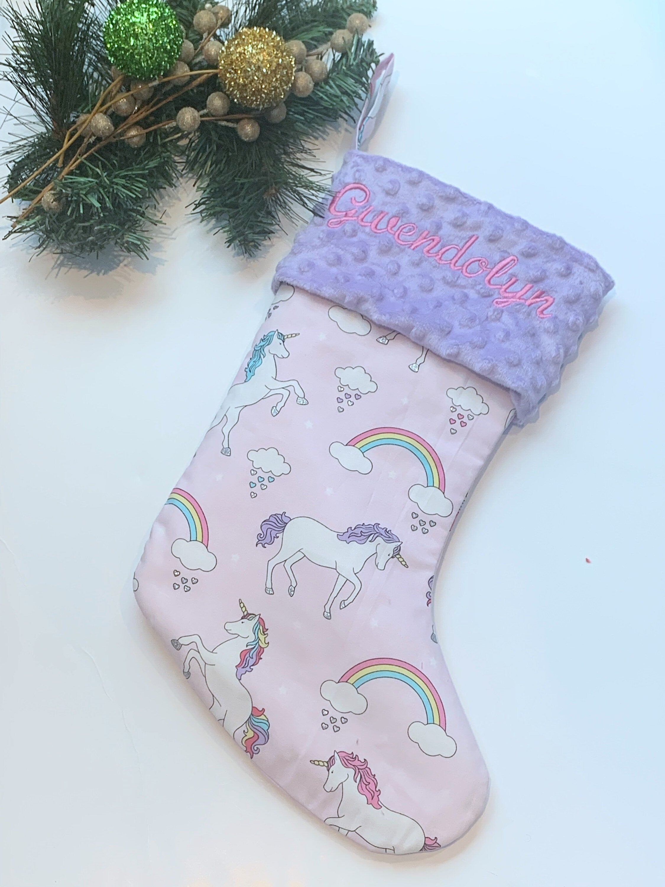 Personalized Christmas stocking in pink lavender unicorns and rainbow fabric, fully lined with minky dot cuff, 18”, unique for all ages