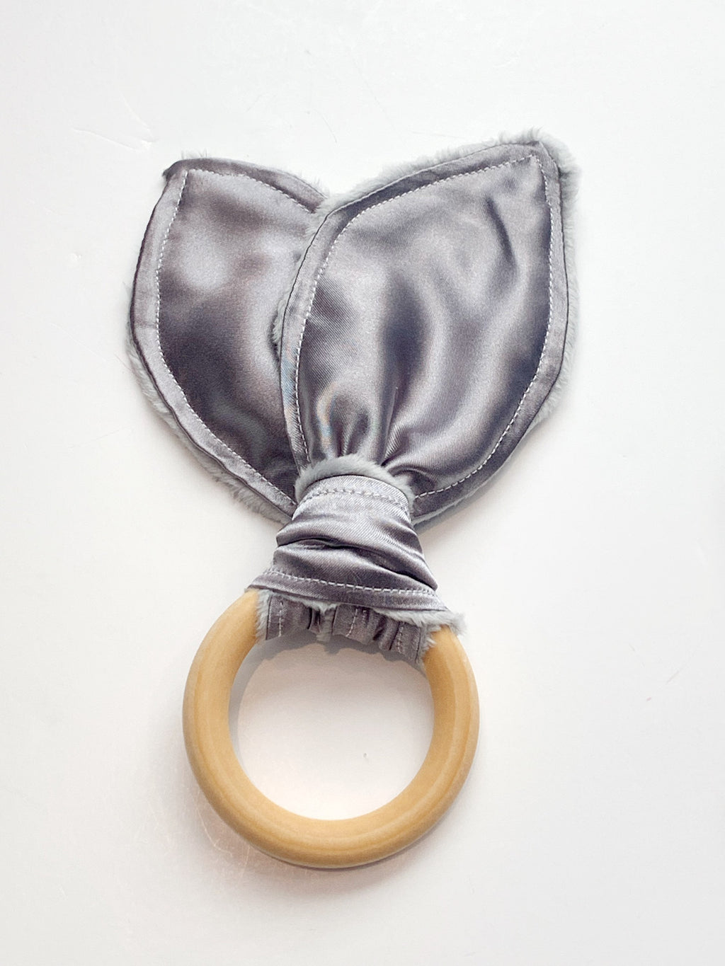 Bunny Ear Baby Teether: Sensory Satin & Minky Wood Ring Toy