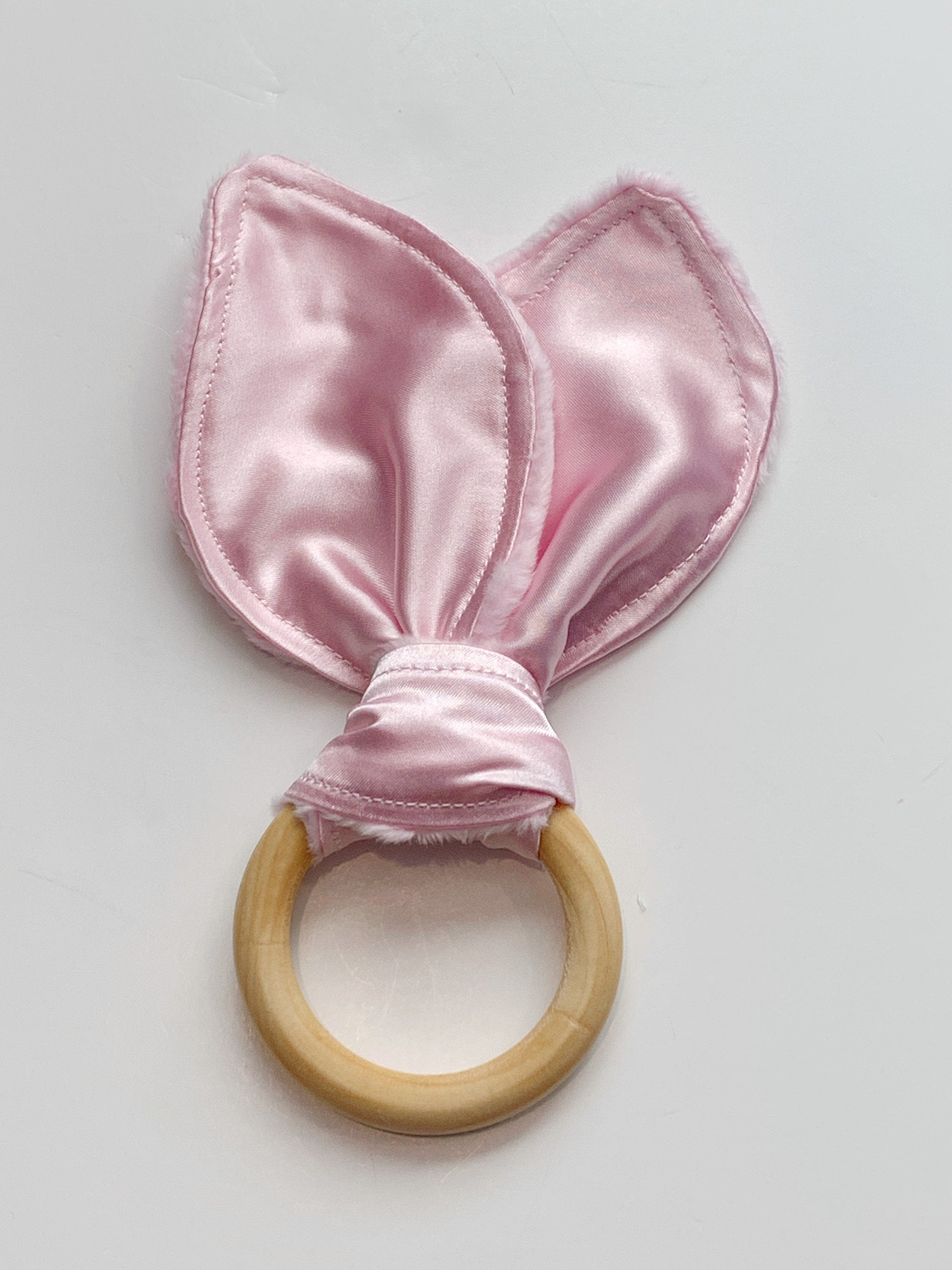 Bunny Ear Baby Teether: Sensory Satin & Minky Wood Ring Toy