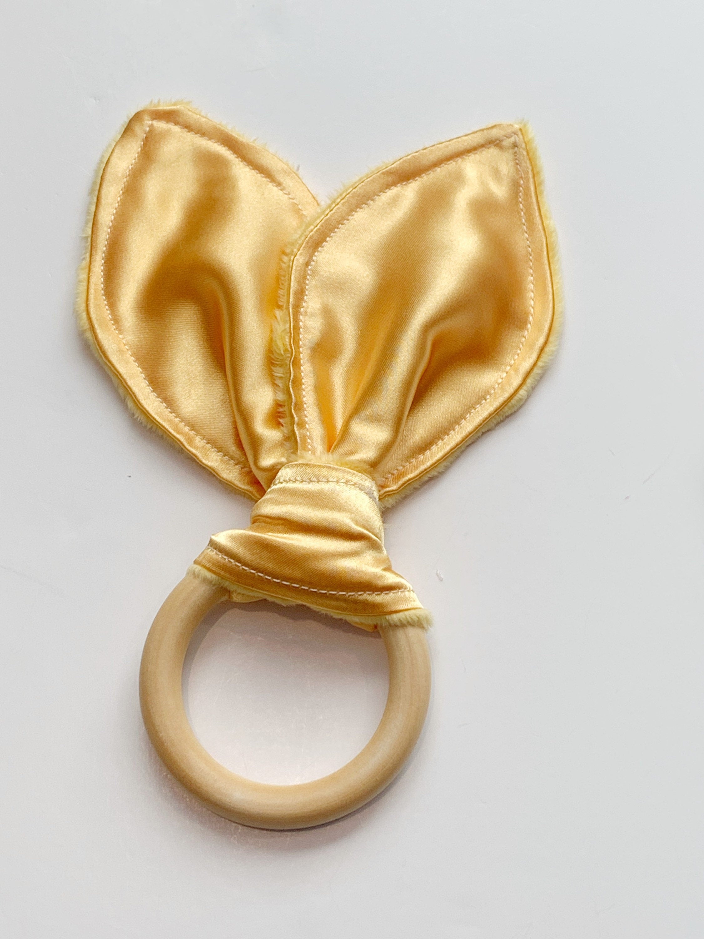 Bunny Ear Baby Teether: Sensory Satin & Minky Wood Ring Toy