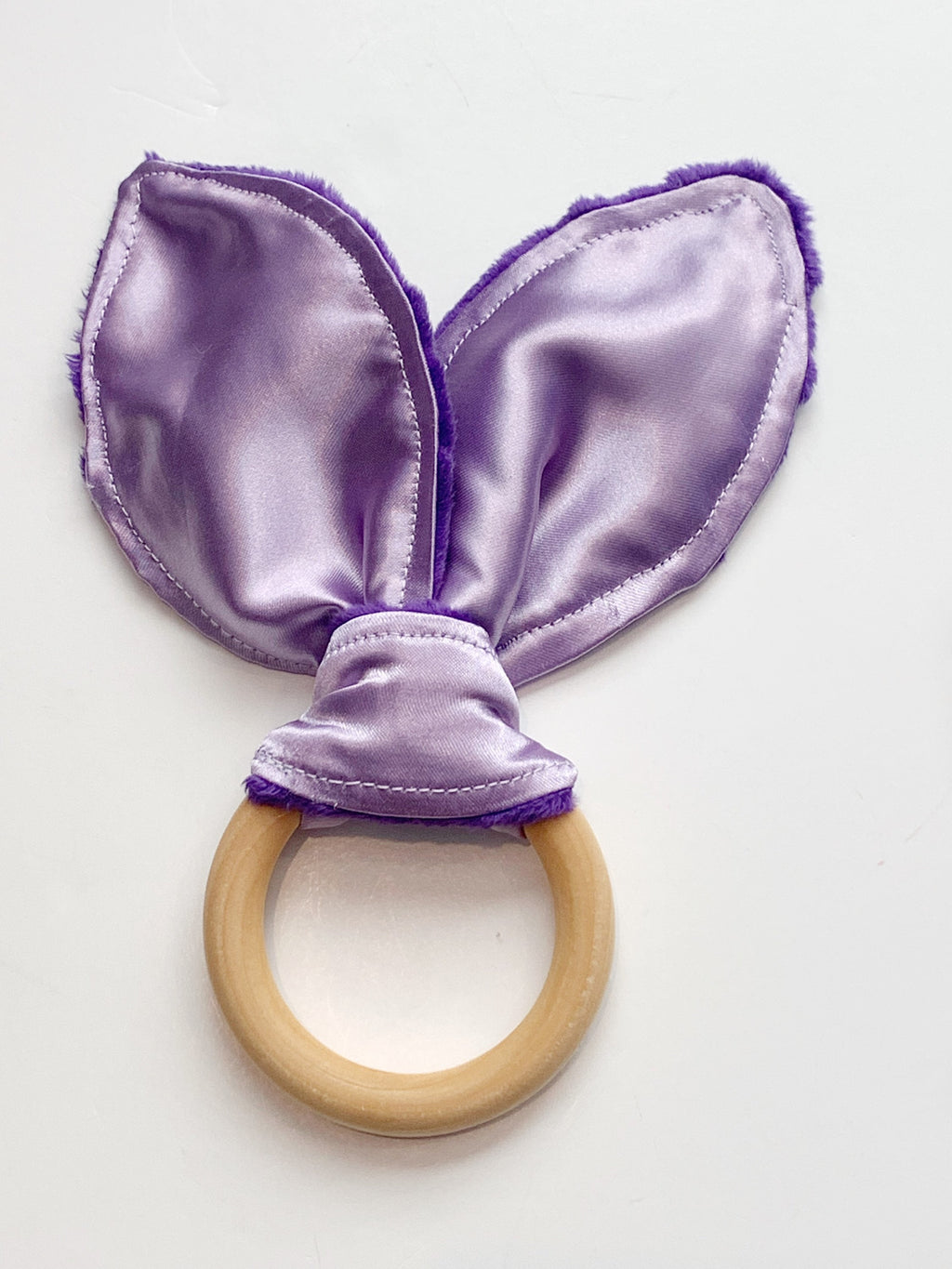 Bunny Ear Baby Teether: Sensory Satin & Minky Wood Ring Toy