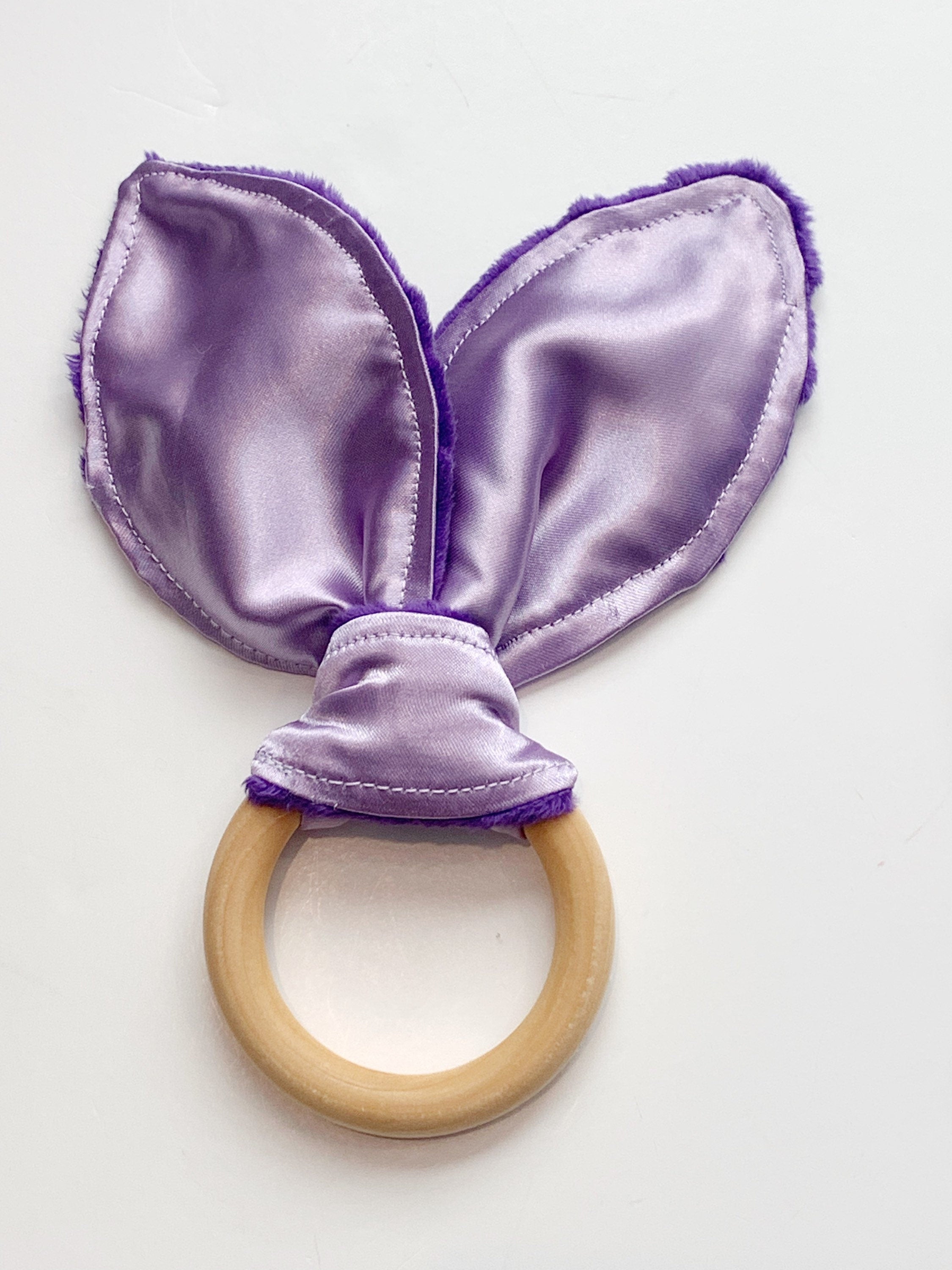 Bunny Ear Baby Teether: Sensory Satin & Minky Wood Ring Toy