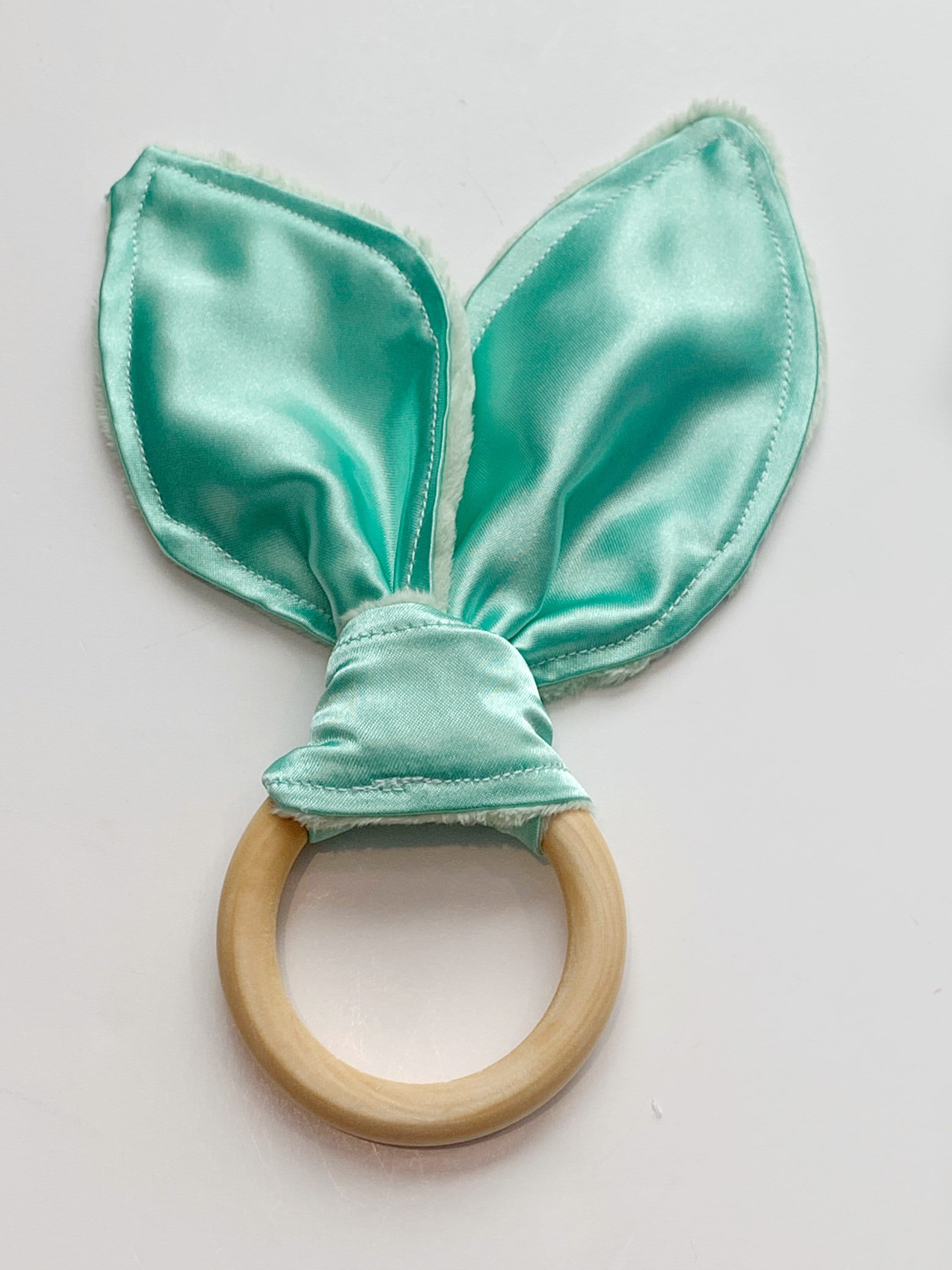 Bunny Ear Baby Teether: Sensory Satin & Minky Wood Ring Toy