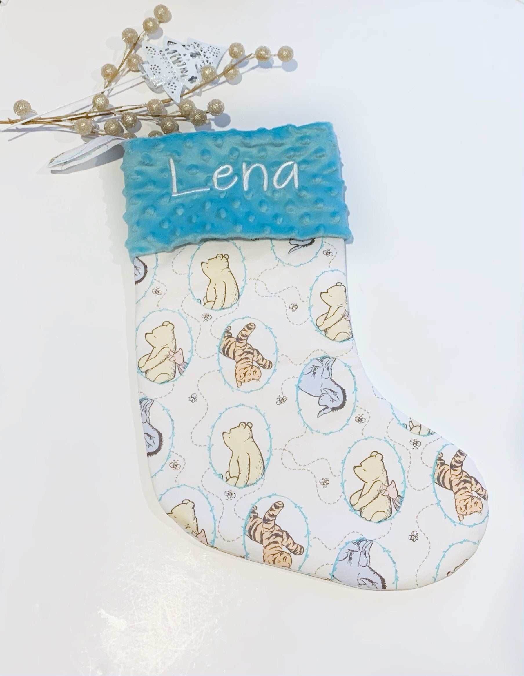 Christmas stocking made from classic Winnie the Pooh fabric, personalize, fully lined for boy girl or adult, First Christmas, choose cuff