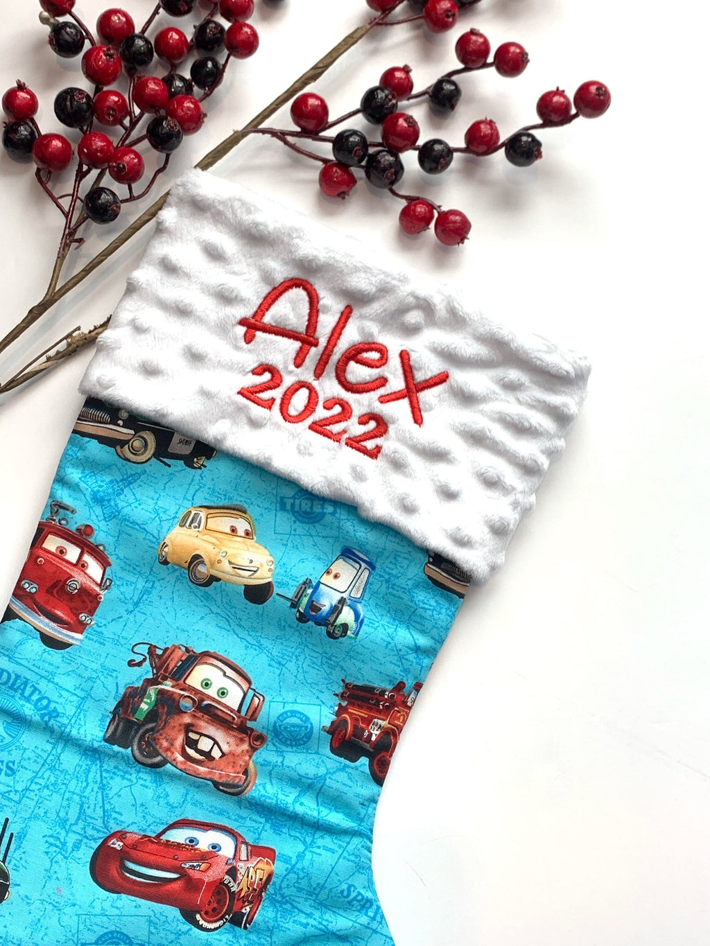 Personalized Christmas stocking for  child or adult made from Pixar Cars fabric, 18” fully lined stocking, Cotton and Minky