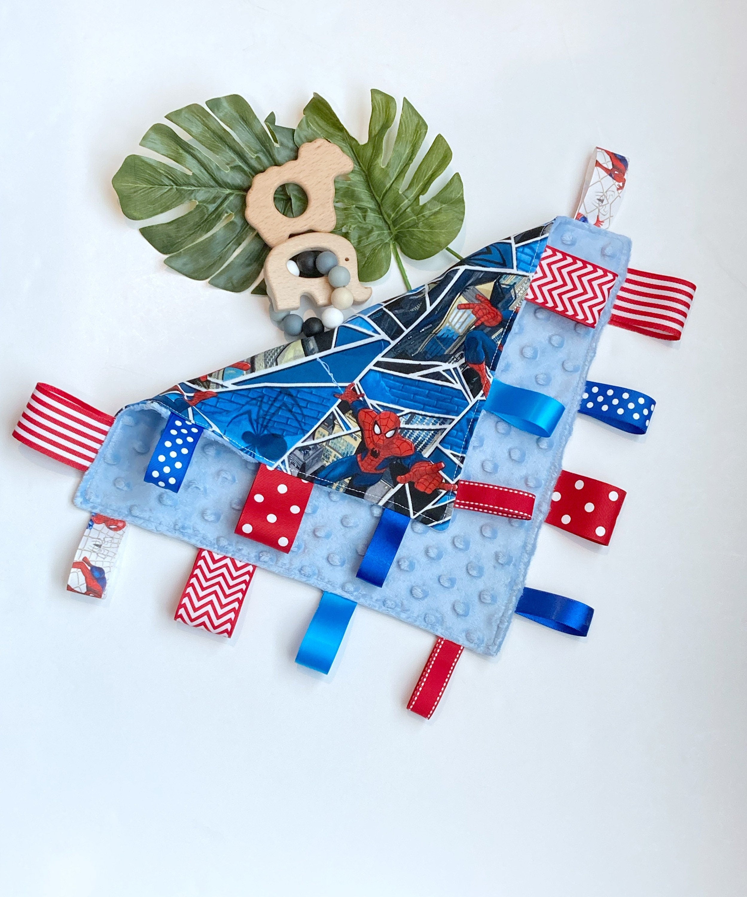 Personalize tag sensory 12” lovey toy blanket made from Spider man cotton with minky back, add crinkle, baby shower gift
