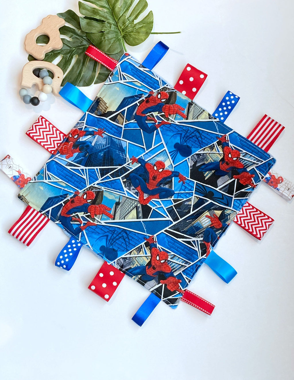 Personalize tag sensory 12” lovey toy blanket made from Spider man cotton with minky back, add crinkle, baby shower gift