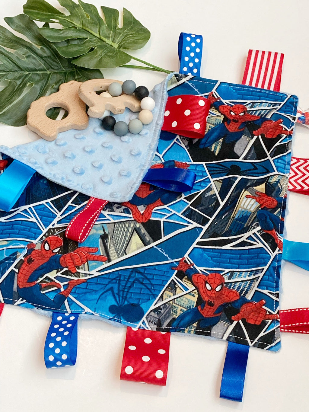 Personalize tag sensory 12” lovey toy blanket made from Spider man cotton with minky back, add crinkle, baby shower gift