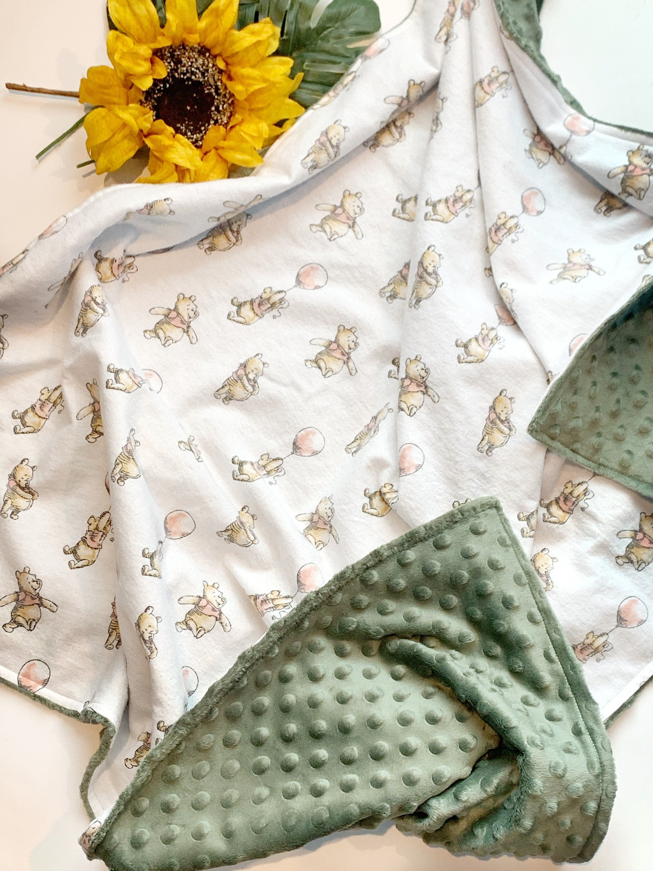 Personalized Baby Blanket made from Winnie the Pooh flannel fabric for boy or girl, minky back nursery bedding with embroidered Winnie