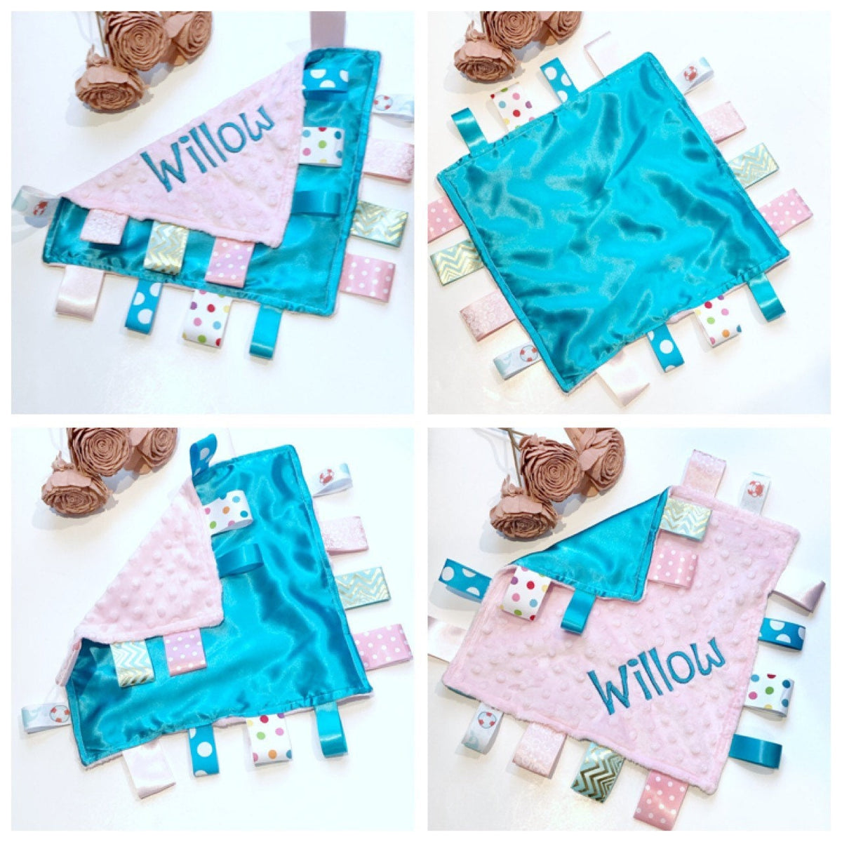 Satin and minky sensory lovey in pink and turquoise with ribbon tags, personalize toy, baby shower gift for boy or girl, 12" more colors