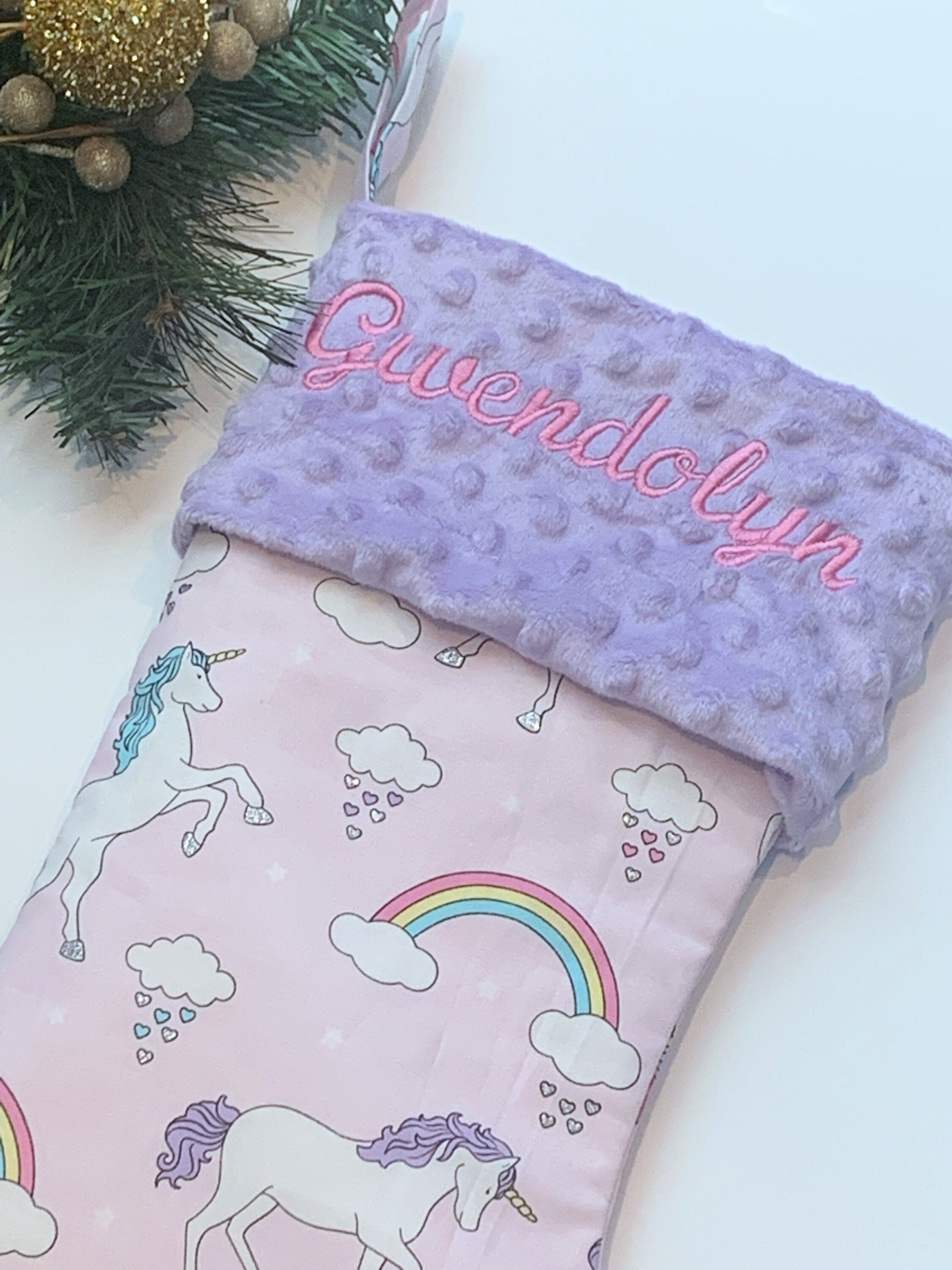 Personalized Christmas stocking in pink lavender unicorns and rainbow fabric, fully lined with minky dot cuff, 18”, unique for all ages