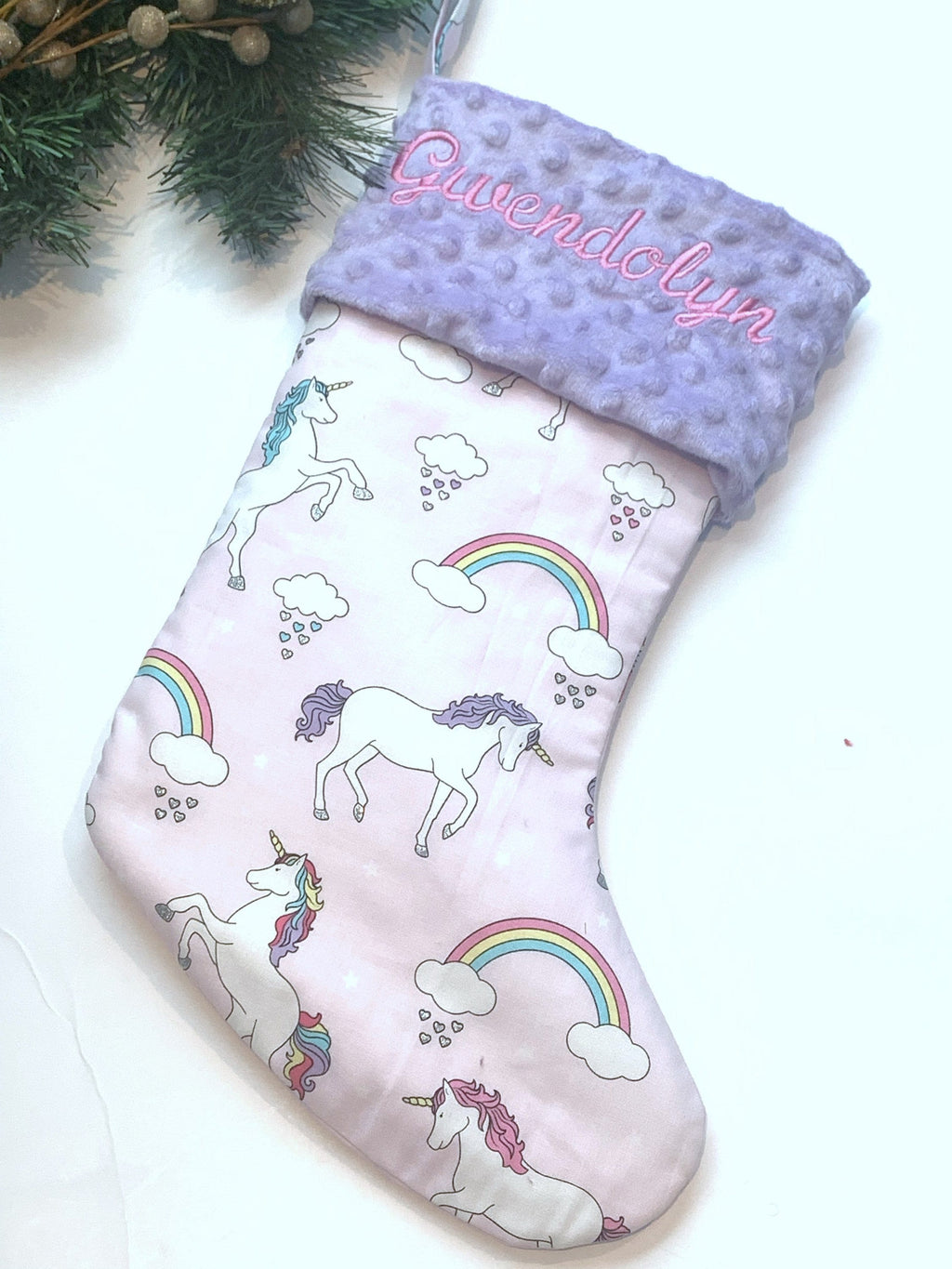Personalized Christmas stocking in pink lavender unicorns and rainbow fabric, fully lined with minky dot cuff, 18”, unique for all ages