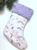Personalized Christmas stocking in pink lavender unicorns and rainbow fabric, fully lined with minky dot cuff, 18”, unique for all ages