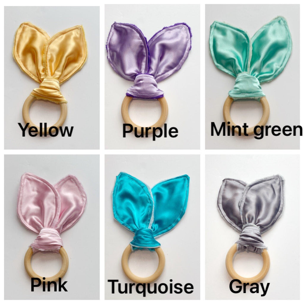 Bunny Ear Baby Teether: Sensory Satin & Minky Wood Ring Toy