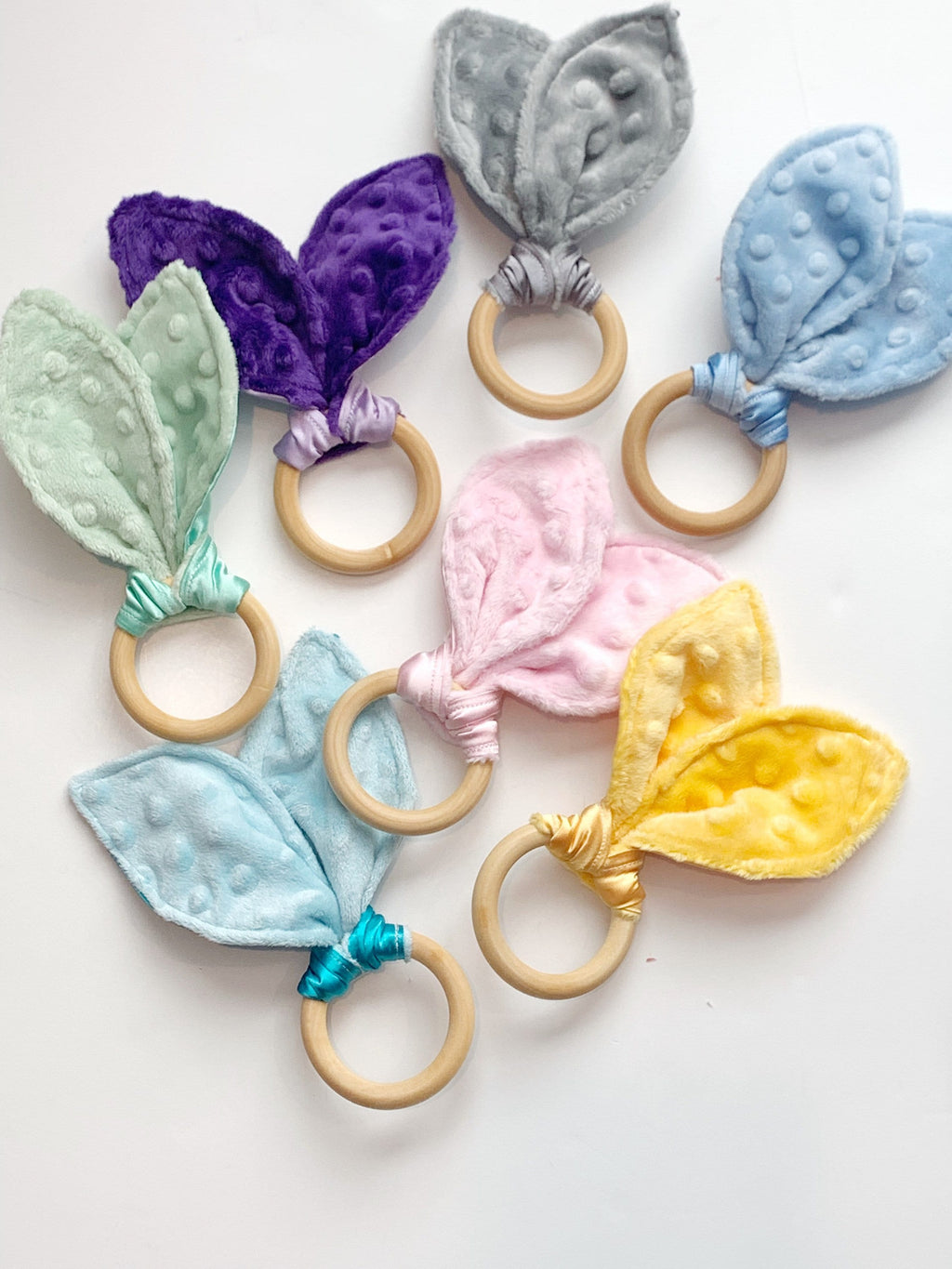 Bunny Ear Baby Teether: Sensory Satin & Minky Wood Ring Toy