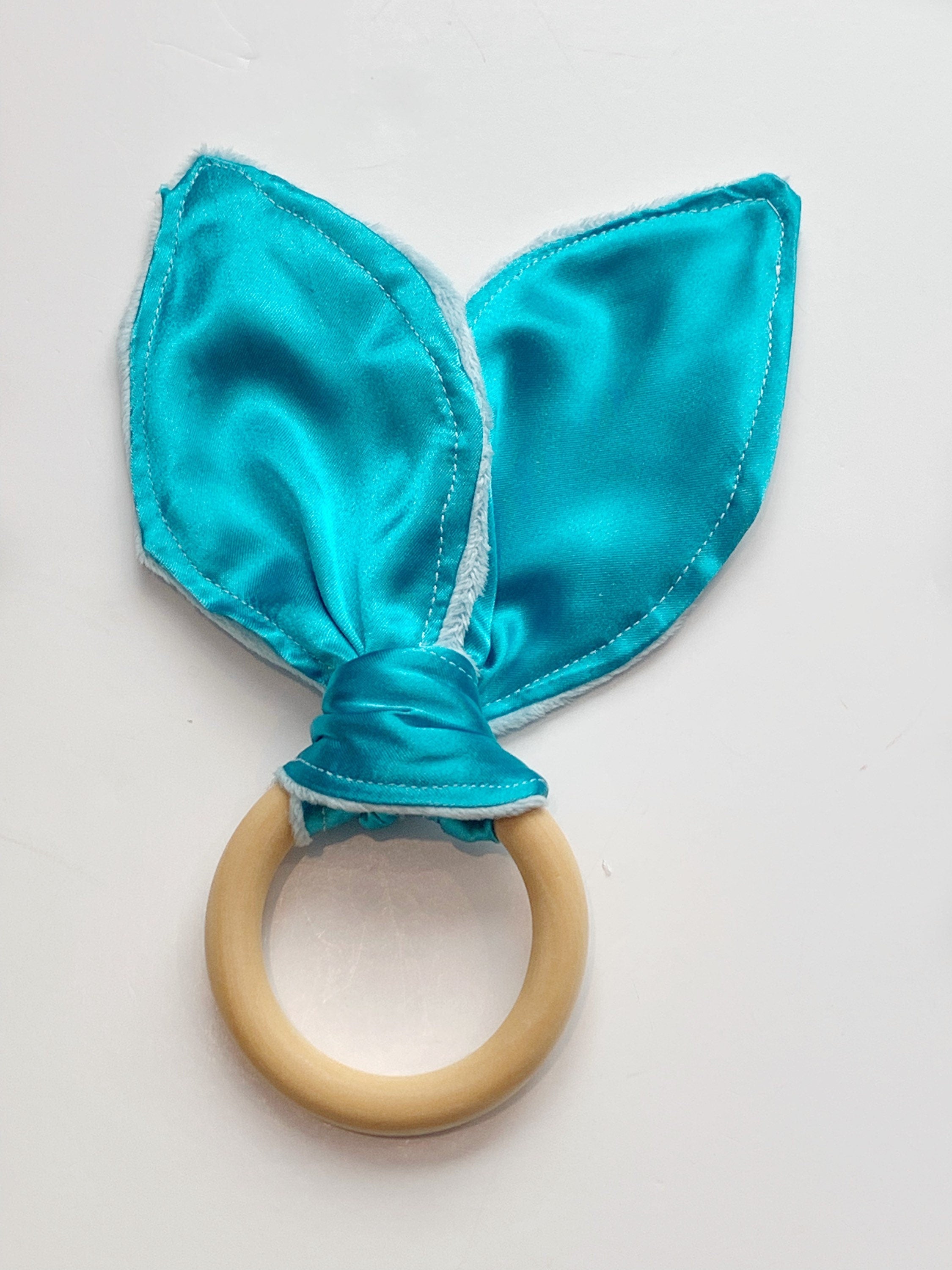 Bunny Ear Baby Teether: Sensory Satin & Minky Wood Ring Toy