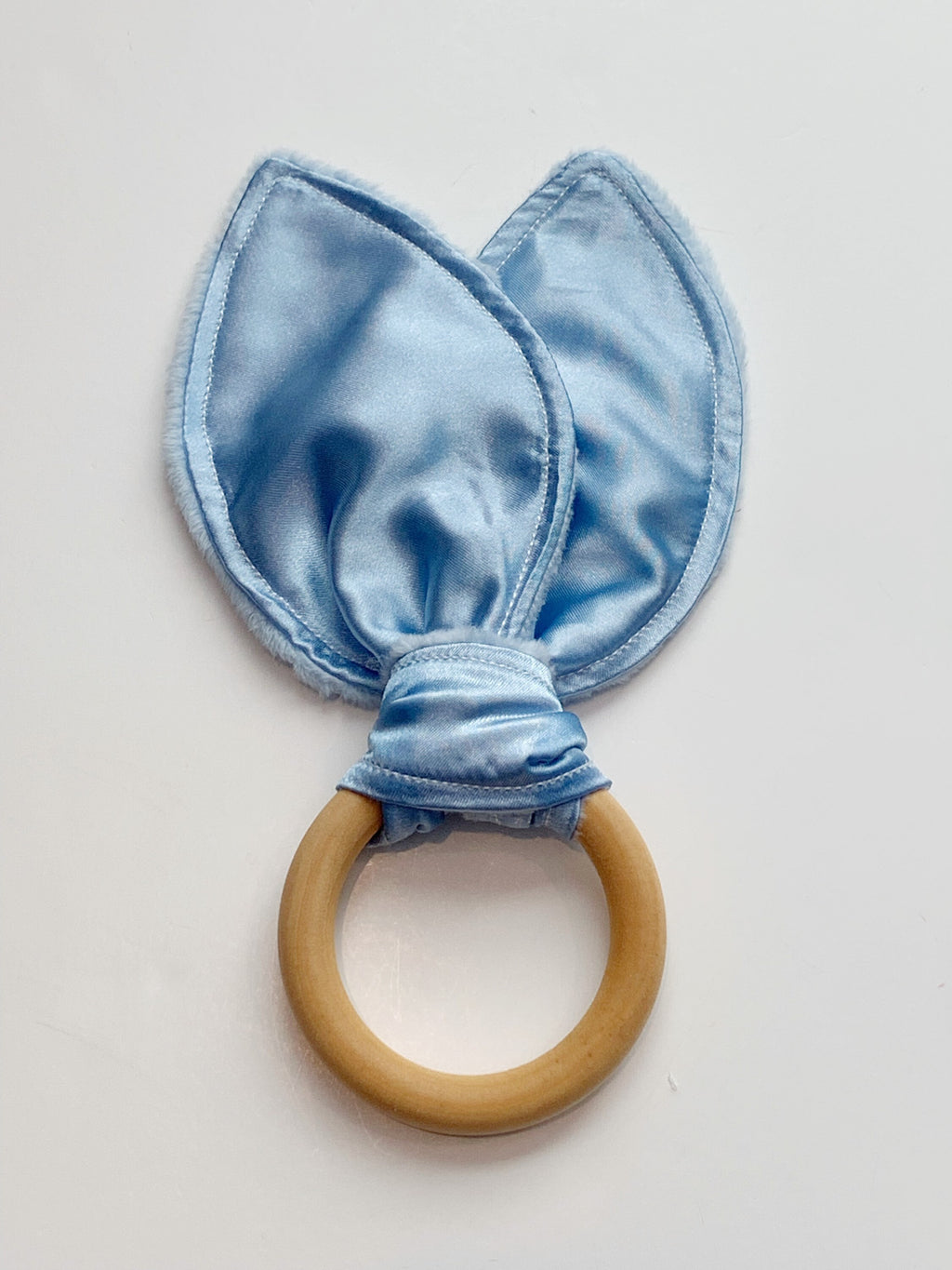 Bunny Ear Baby Teether: Sensory Satin & Minky Wood Ring Toy