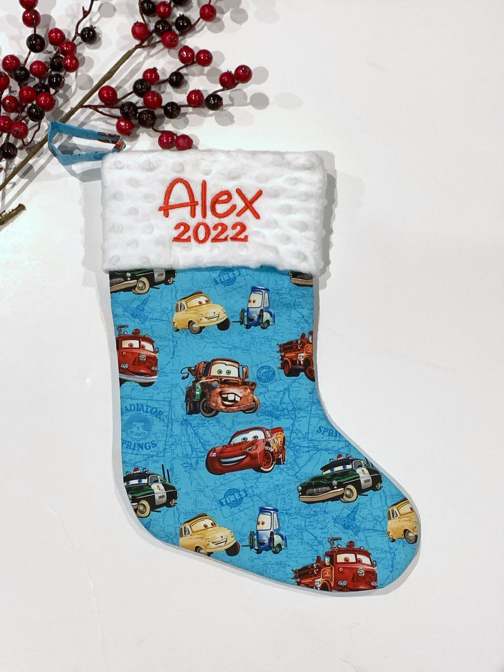 Personalized Christmas stocking for  child or adult made from Pixar Cars fabric, 18” fully lined stocking, Cotton and Minky