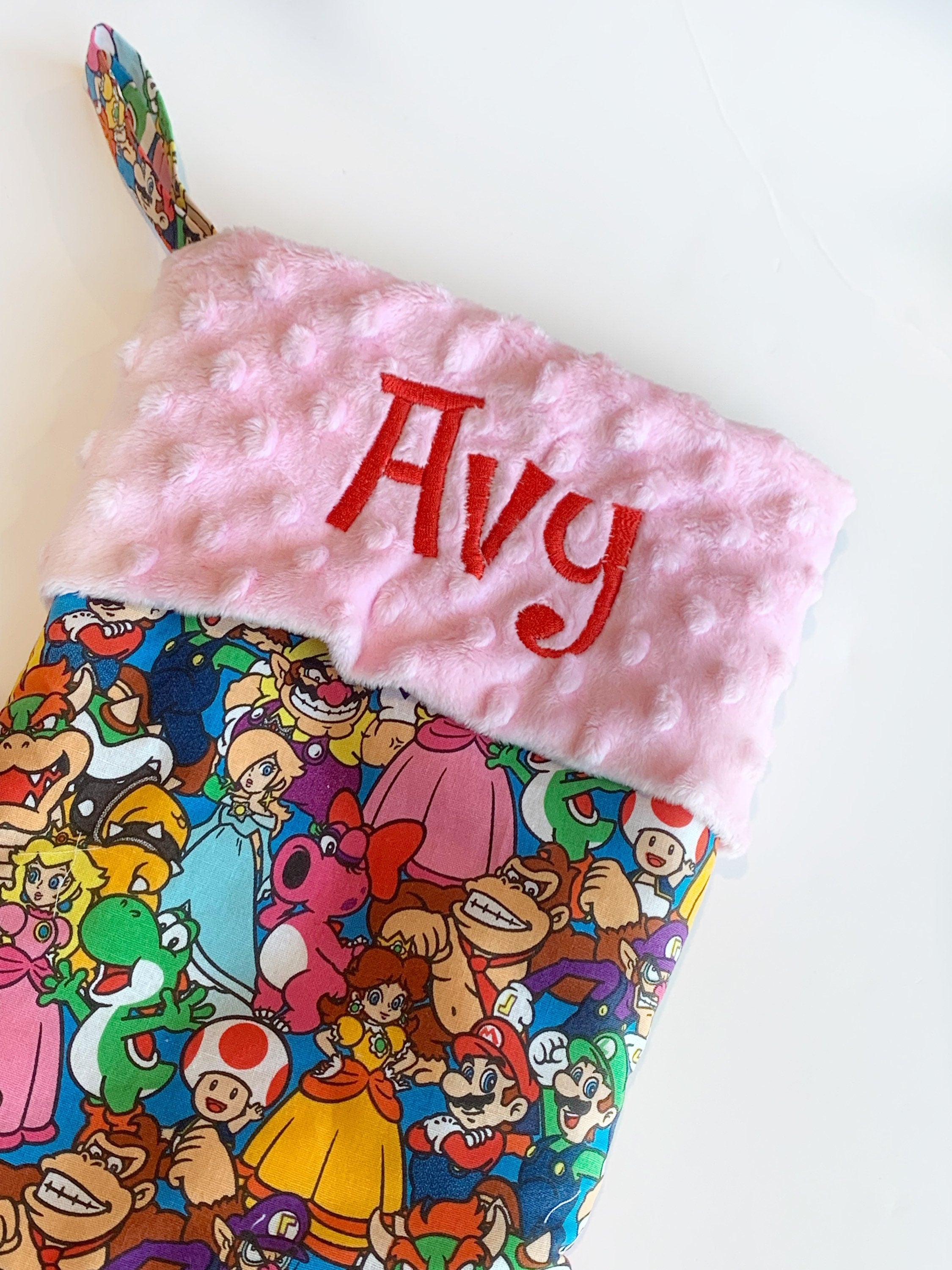 Personalized Christmas stocking made from Mario Luigi fabric, fully lined Cotton and Minky cuff, 18” large gamer holiday stocking