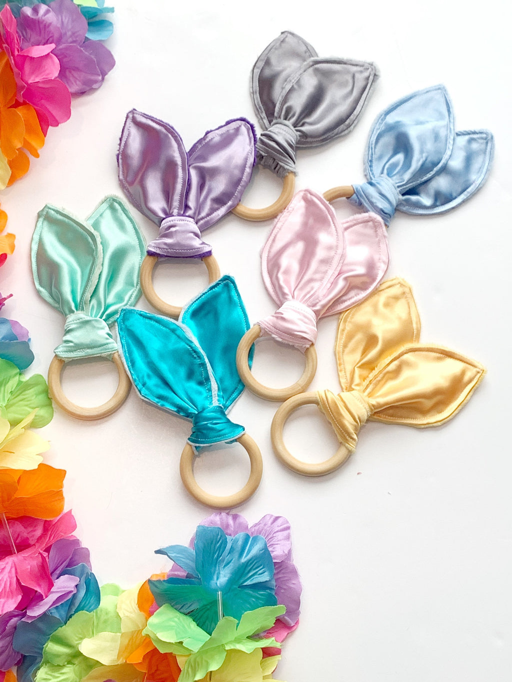 Bunny Ear Baby Teether: Sensory Satin & Minky Wood Ring Toy