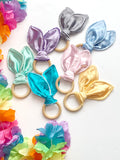 Bunny Ear Baby Teether: Sensory Satin & Minky Wood Ring Toy