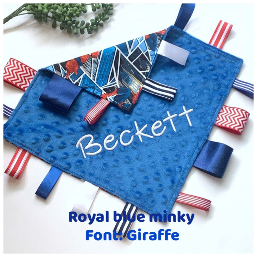 Personalize tag sensory 12” lovey toy blanket made from Spider man cotton with minky back, add crinkle, baby shower gift