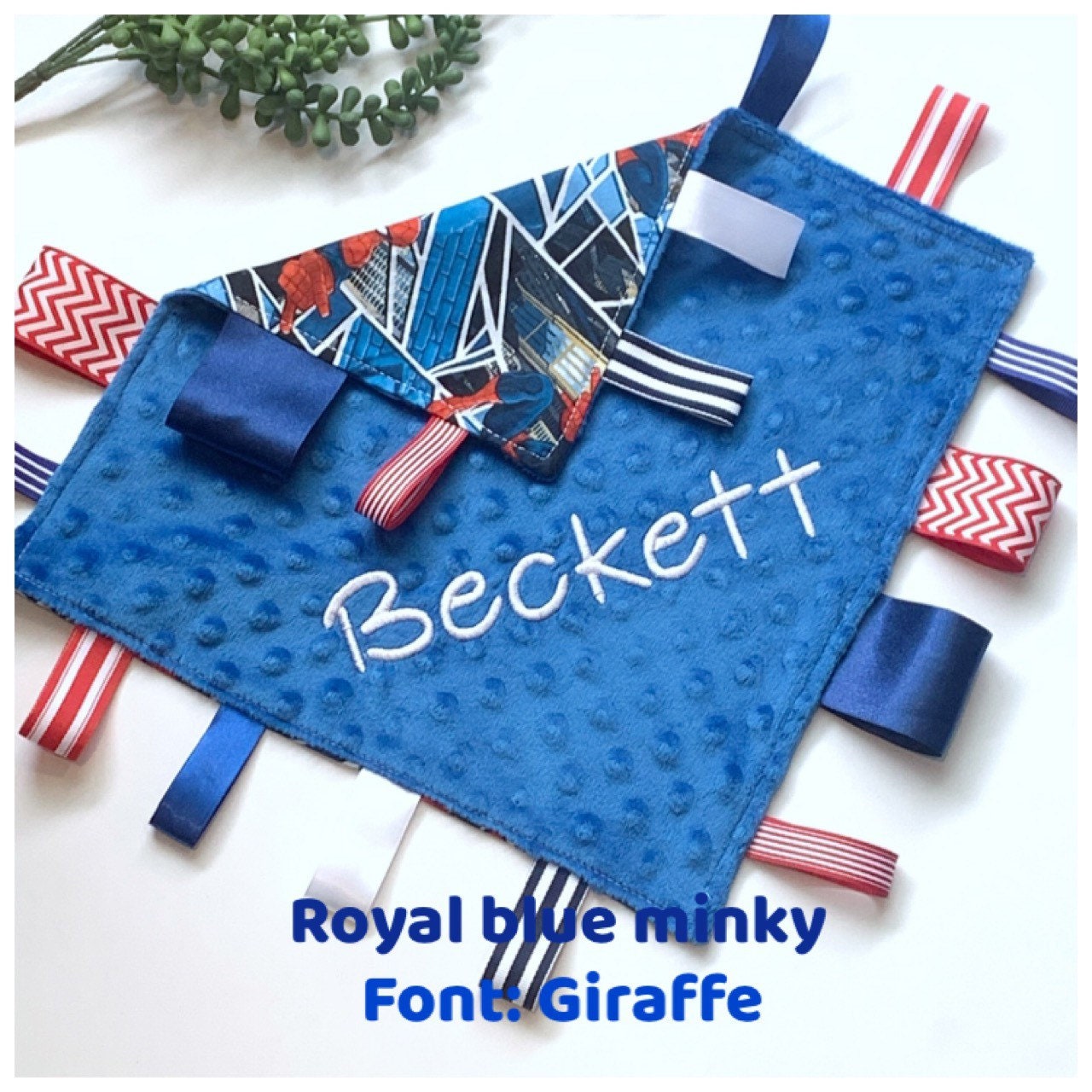 Personalize tag sensory 12” lovey toy blanket made from Spider man cotton with minky back, add crinkle, baby shower gift