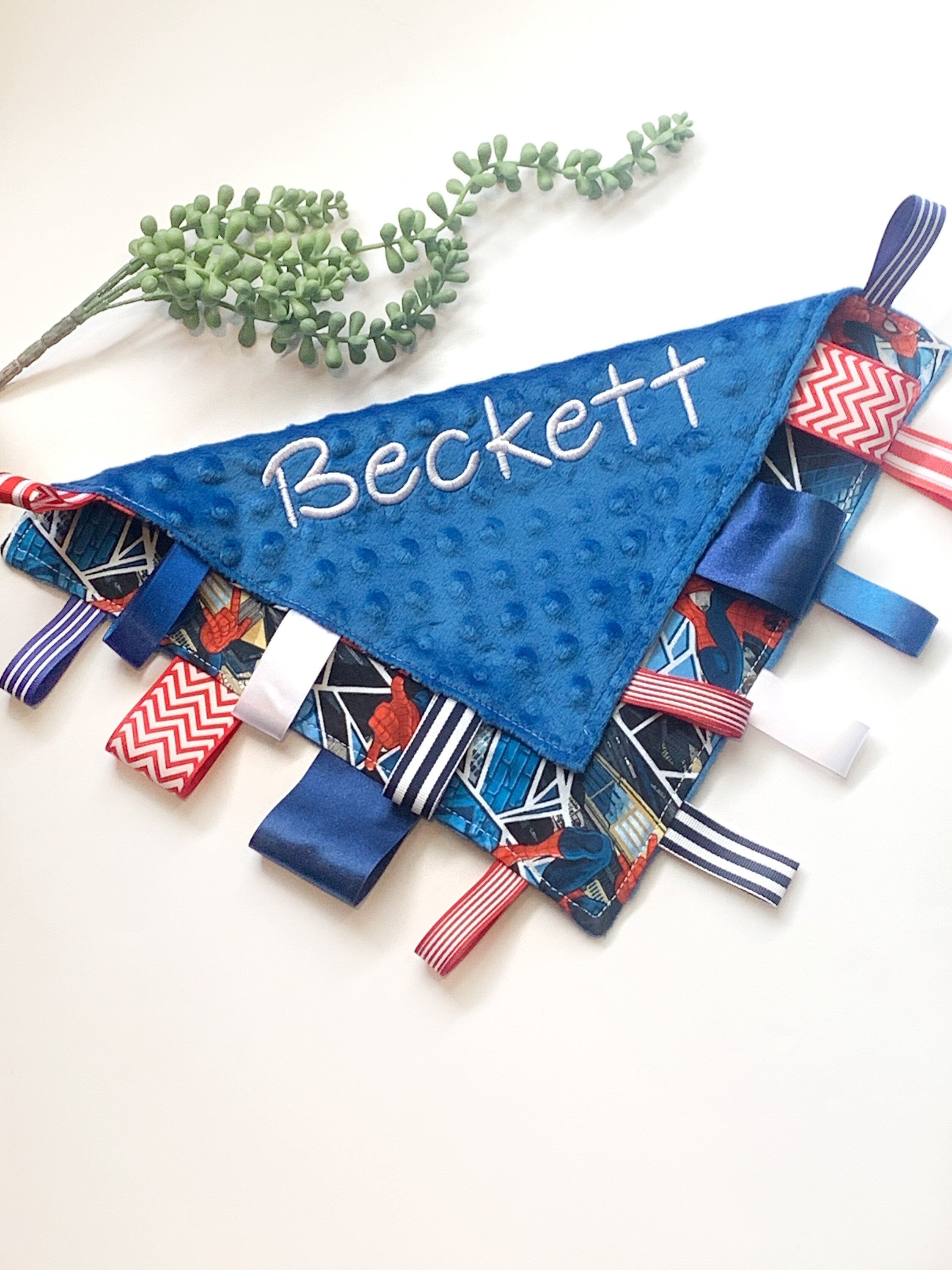 Personalize tag sensory 12” lovey toy blanket made from Spider man cotton with minky back, add crinkle, baby shower gift