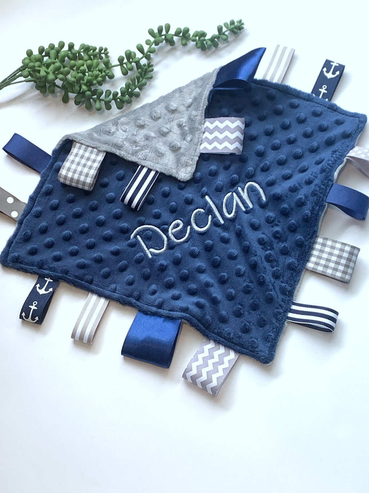 Personalizable double sided minky sensory lovey with ribbon tags for baby boy or girl or even pet, 12" size choose colors