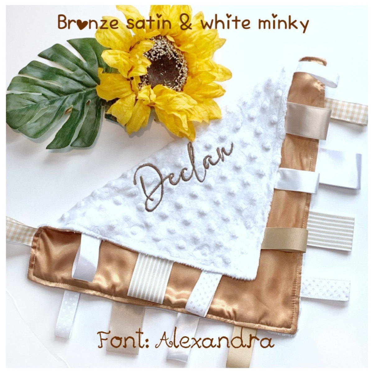 Large Satin and minky sensory lovey with ribbon tags, personalized comfort toy, baby shower gift for boy or girl size 24” choose colors
