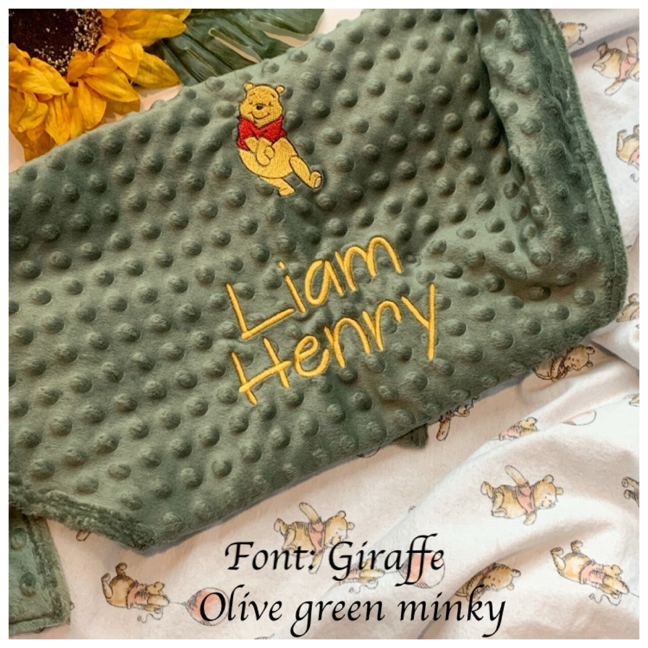 Personalized Baby Blanket made from Winnie the Pooh flannel fabric for boy or girl, minky back nursery bedding with embroidered Winnie