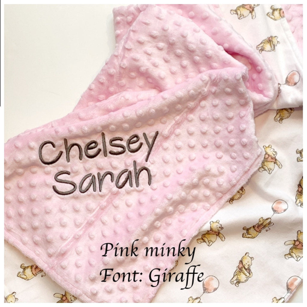 Personalized Baby Blanket made from Winnie the Pooh flannel fabric for boy or girl, minky back nursery bedding with embroidered Winnie
