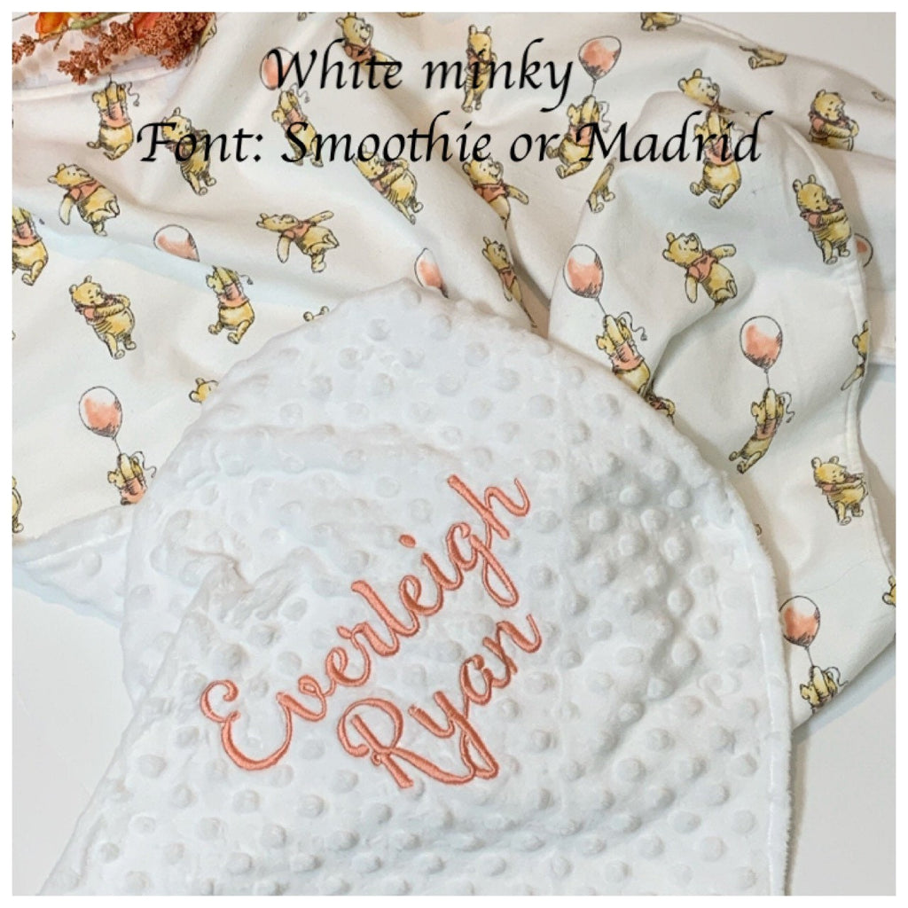 Personalized Baby Blanket made from Winnie the Pooh flannel fabric for boy or girl, minky back nursery bedding with embroidered Winnie