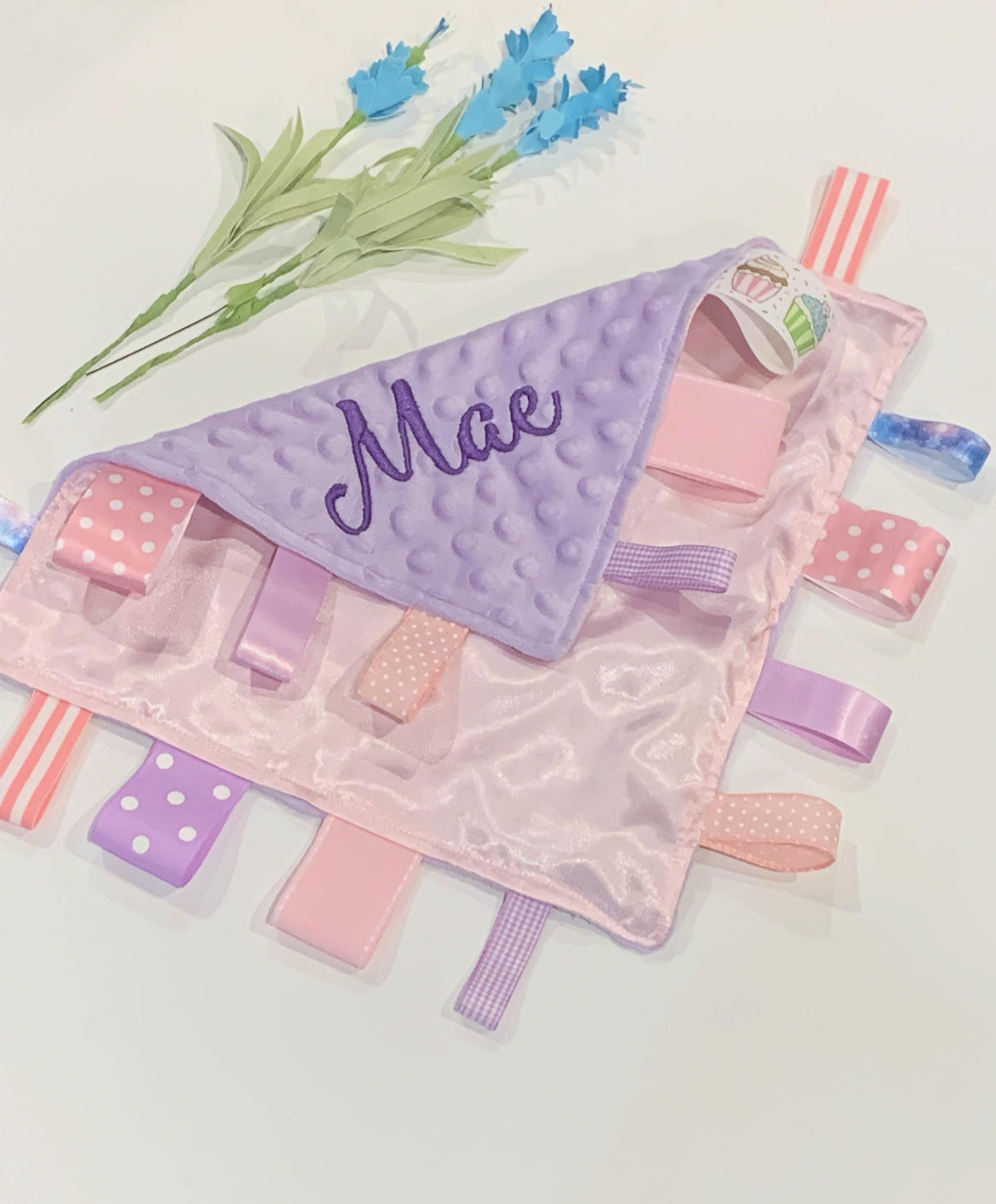 Satin and minky sensory Blanket lovey with ribbon tag, personalized sensory toy for baby girl or boy shower gift,  12" size, choose colors